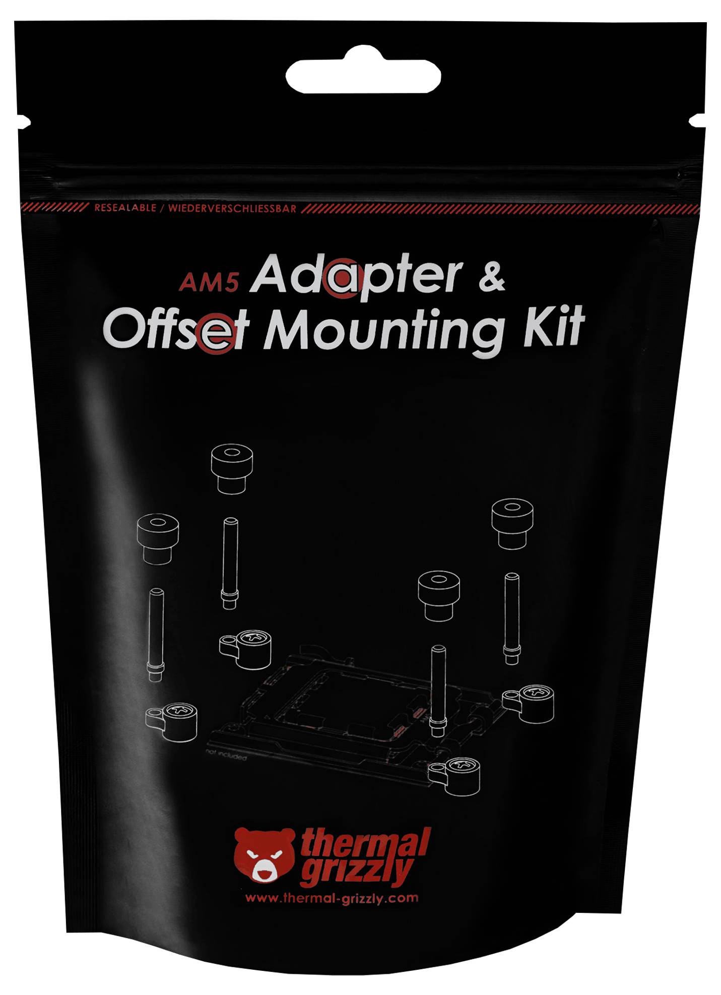 'AM5 Adapter & Offset Montageset' von Thermal Grizzly, zeigt Montagezeichnung und Teile für Prozessorinstallation.