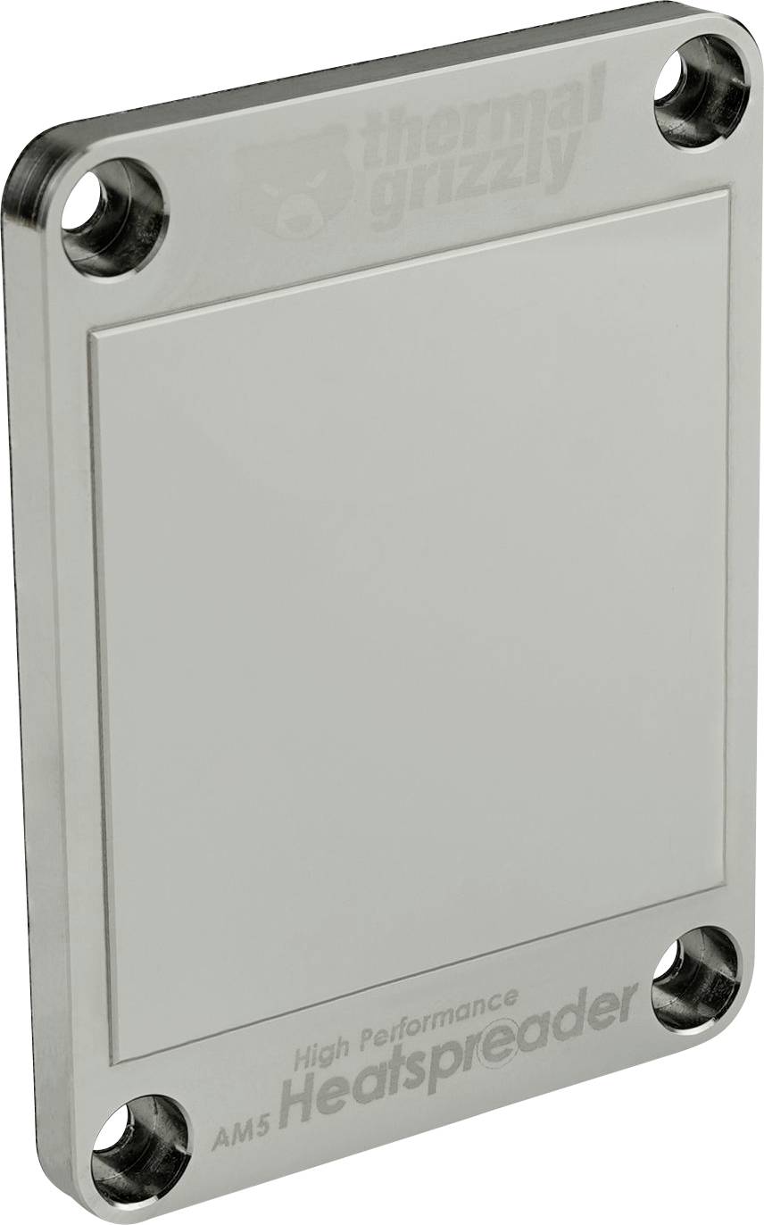 'Thermal Grizzly AM5 Wärmeverteilplatte' auf einer Metallplatte mit Schrauben, leere Fläche in der Mitte, offensichtlich zur Wärmeverteilung gedacht.