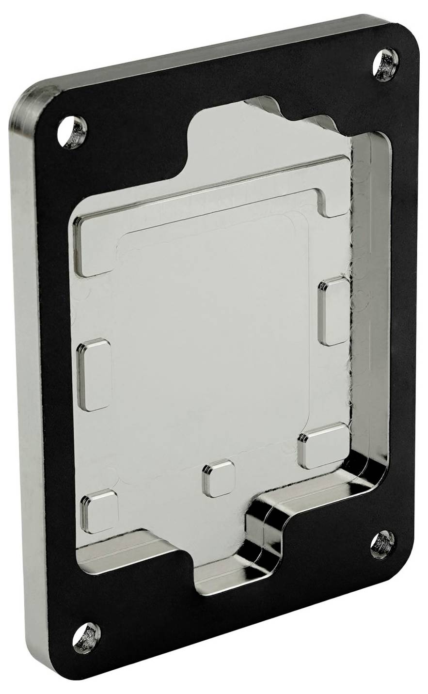 Eine Metalllagerhalterung mit vier Schraublöchern an den Ecken und einem zentralen Ausschnitt, der zur Aufnahme von elektronischen oder mechanischen Komponenten konzipiert ist.