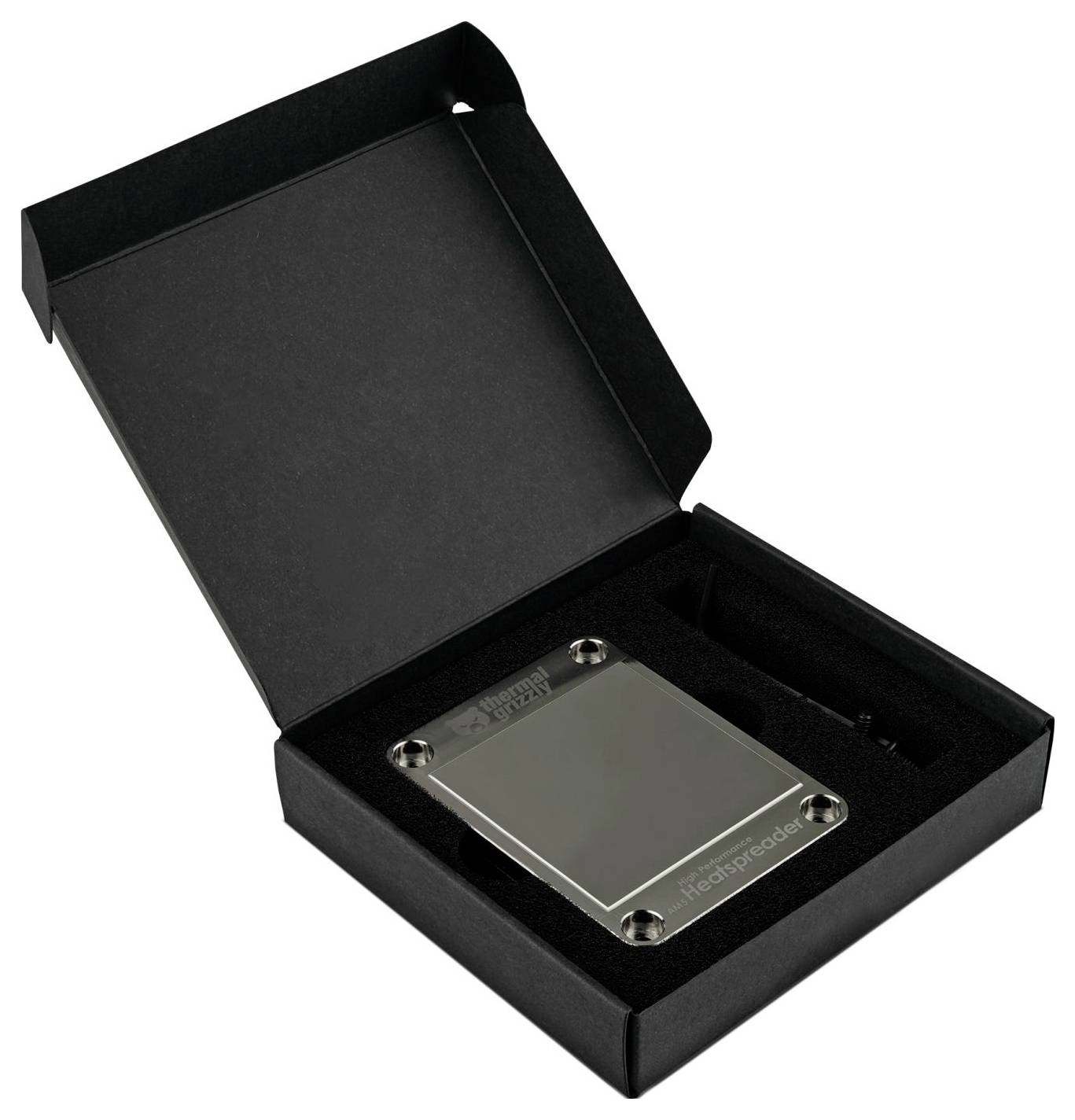Eine offene schwarze Box, die ein Metallteil mit Schrauben zeigt, beschriftet mit ‚Fishman Fluence'.