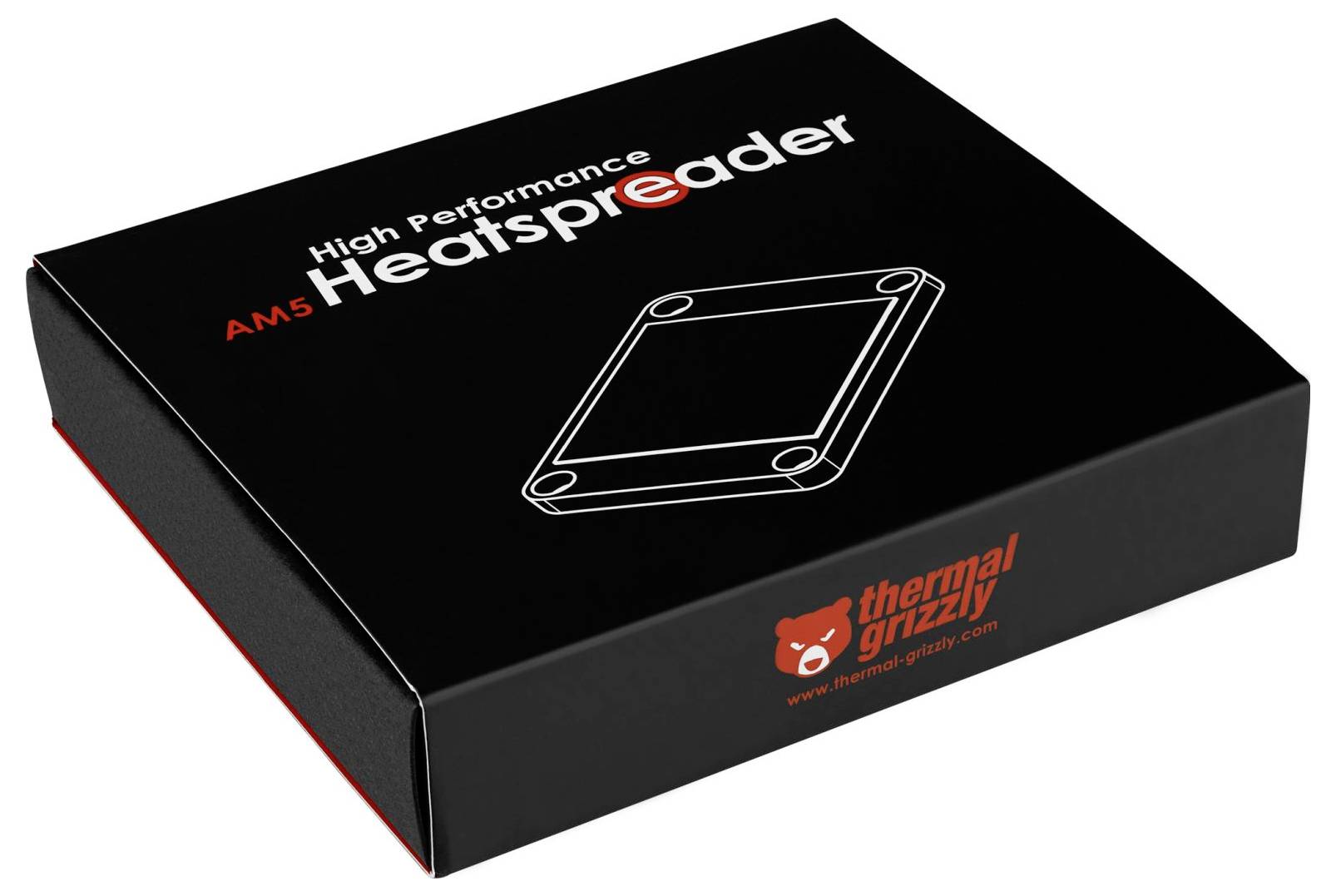 Schwarze Box mit der Aufschrift 'High Performance AM5 Heatspreader', die eine Skizze des Produkts und das Logo von 'thermal grizzly' zeigt.