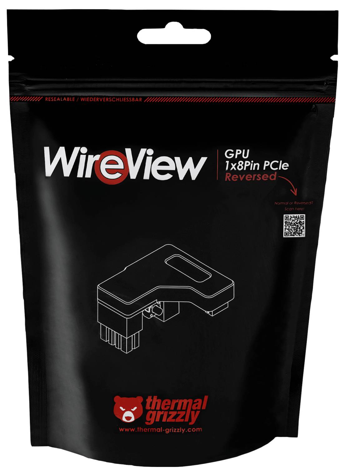 'WireView GPU 1x8pin PCIe Reversed' schwarze Verpackung mit einem Anschluss-Bild. 'Thermal Grizzly' Logo in Rot am unteren Rand.