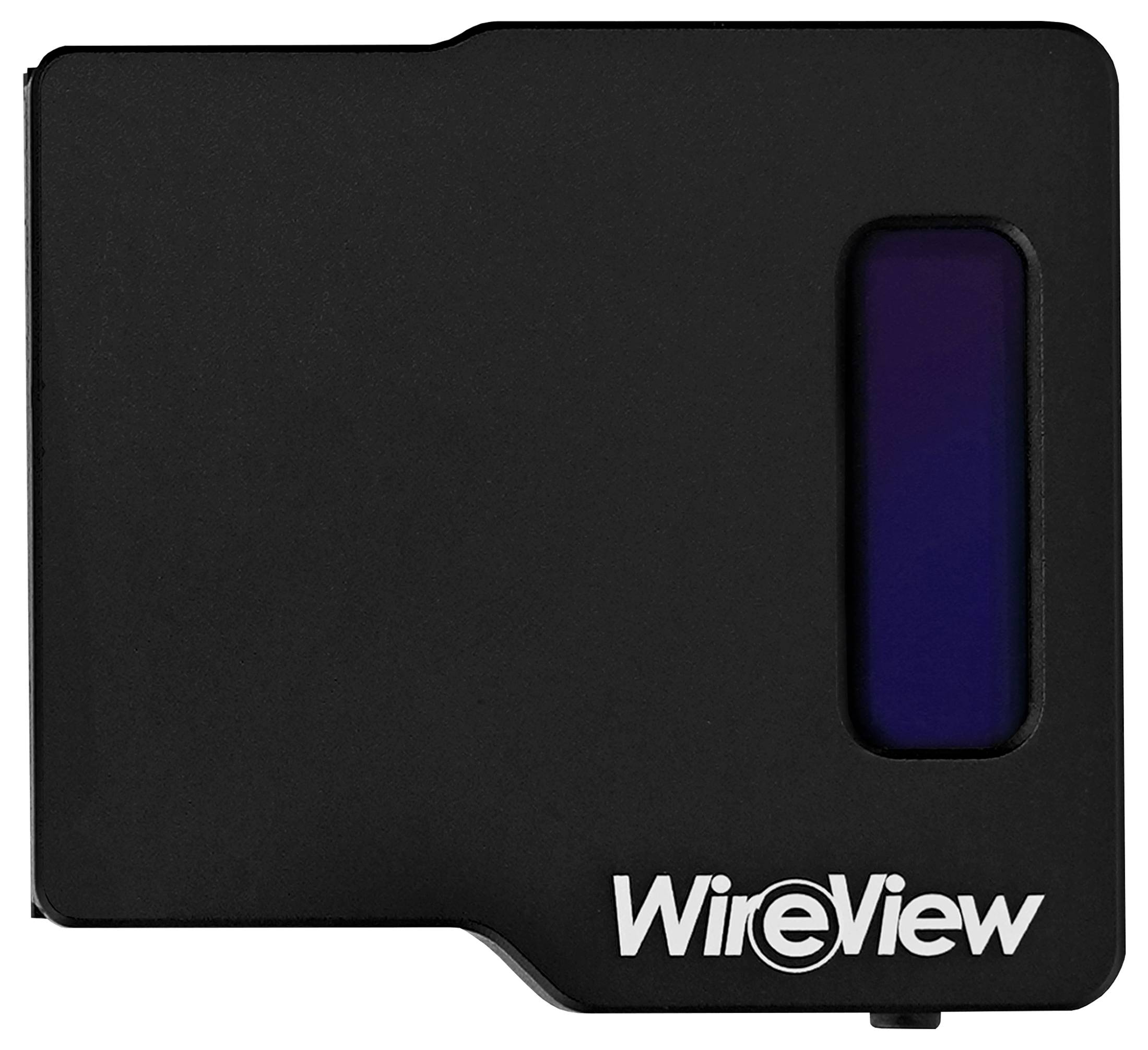 Ein schwarzes WireView-Gerät mit einem rechteckigen, blau getönten Fenster, das zur Messung der Kabellänge und Diagnose von Netzwerkkabeln verwendet wird.