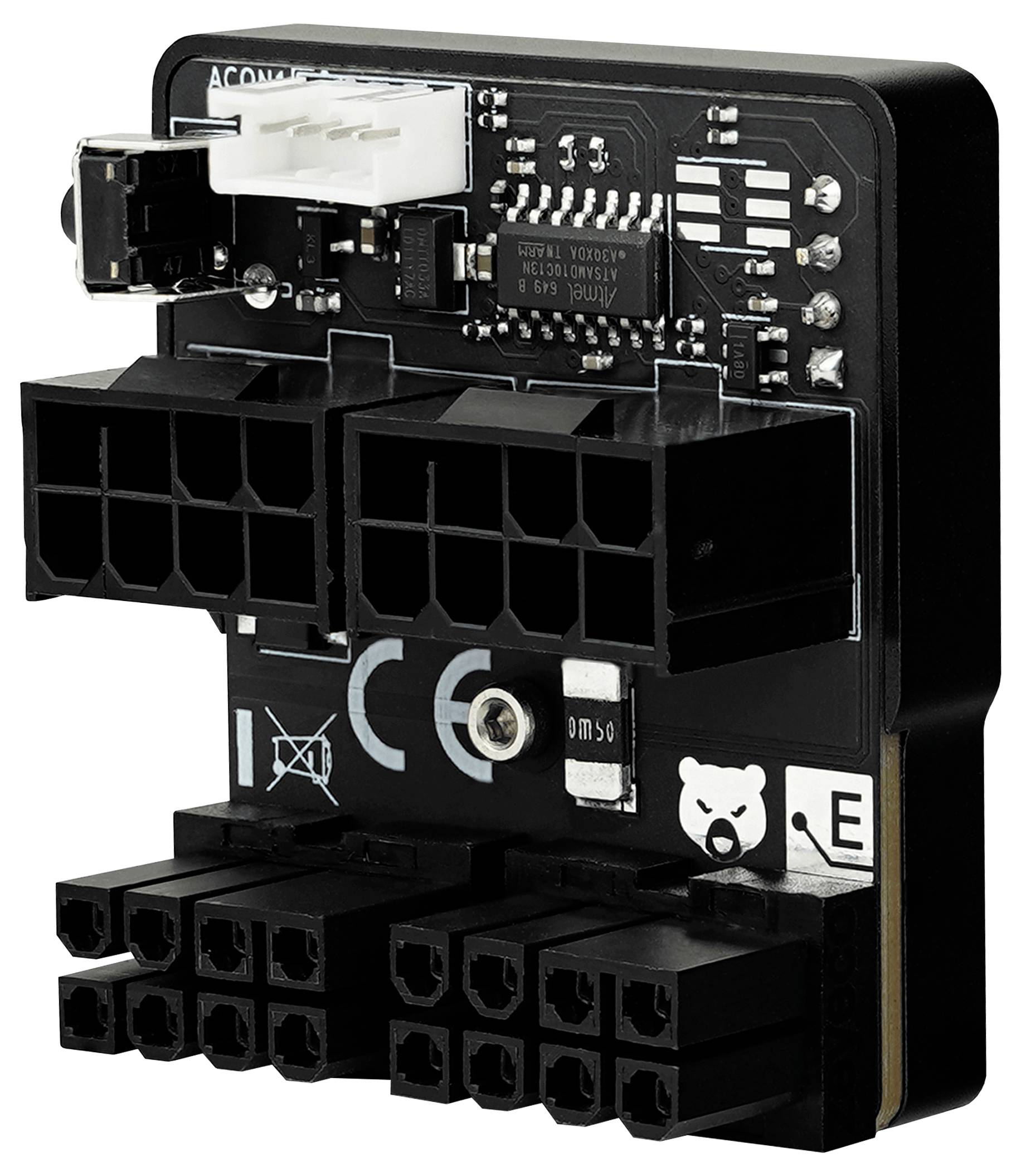 Eine Nahaufnahme eines Computer-Netzteils, die mehrere Anschlüsse und Schaltkreise zeigt, die verwendet werden, um verschiedene interne Komponenten zu verbinden und zu versorgen.