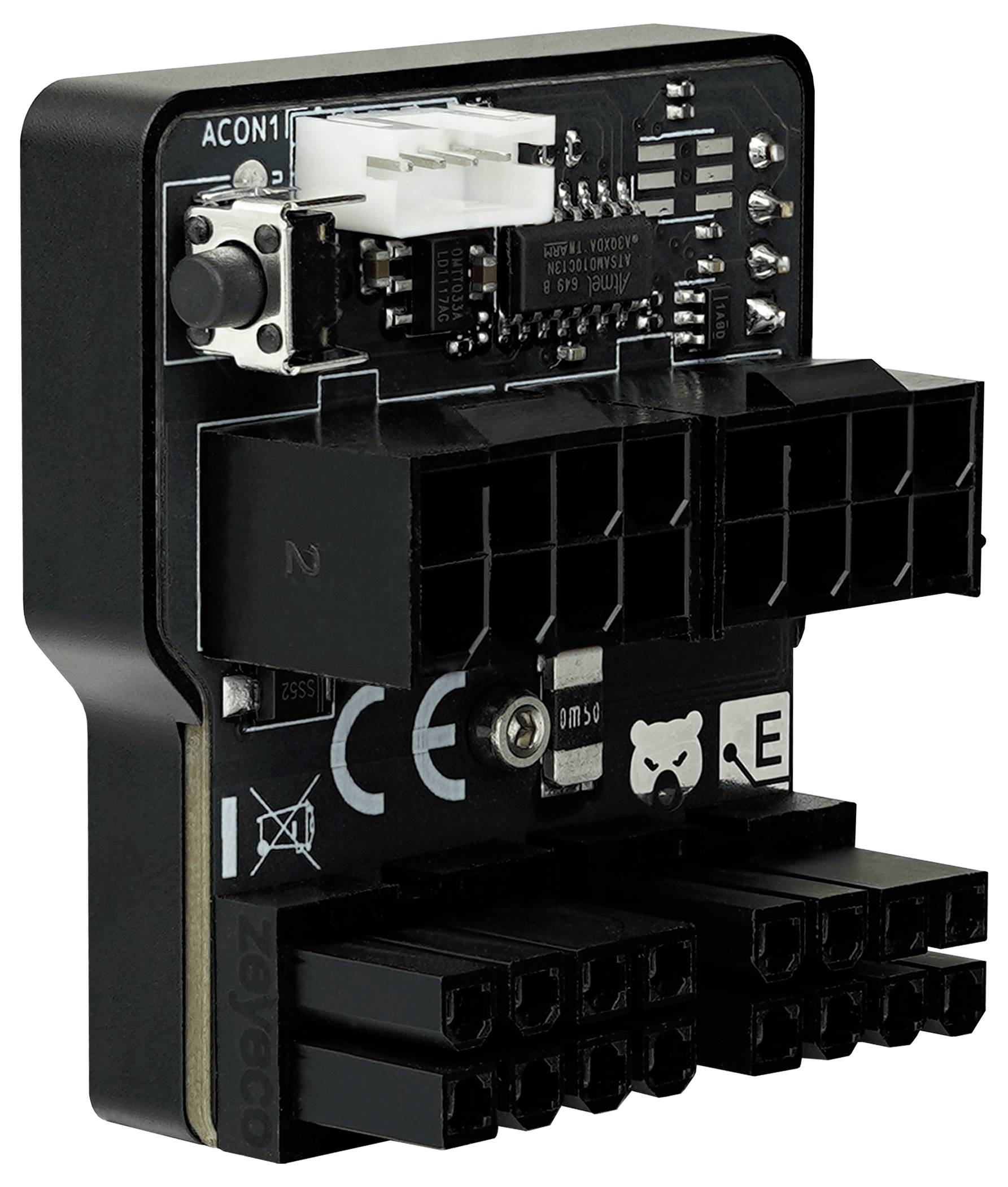 'ACON1' elektronische Schaltkreiskomponente mit Anschlüssen und Chipsätzen, mit beschrifteten Anschlüssen und Konformitätssymbolen, die auf der Oberfläche sichtbar sind.