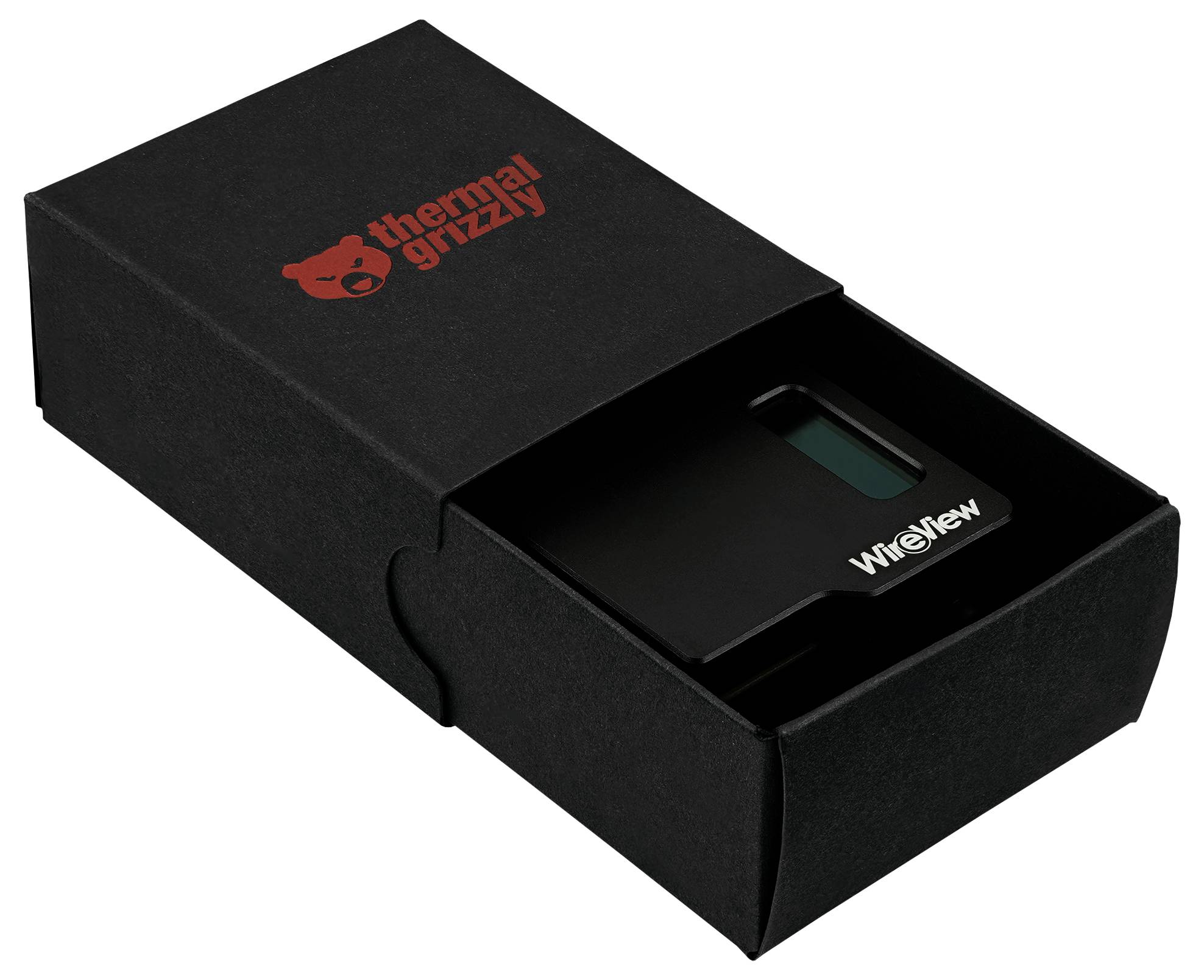 Eine schwarze Box mit dem 'Thermal Grizzly' Logo enthält ein WireView-Gerät mit sichtbarem Display. Die Verpackung ist teilweise geöffnet und zeigt den Inhalt.