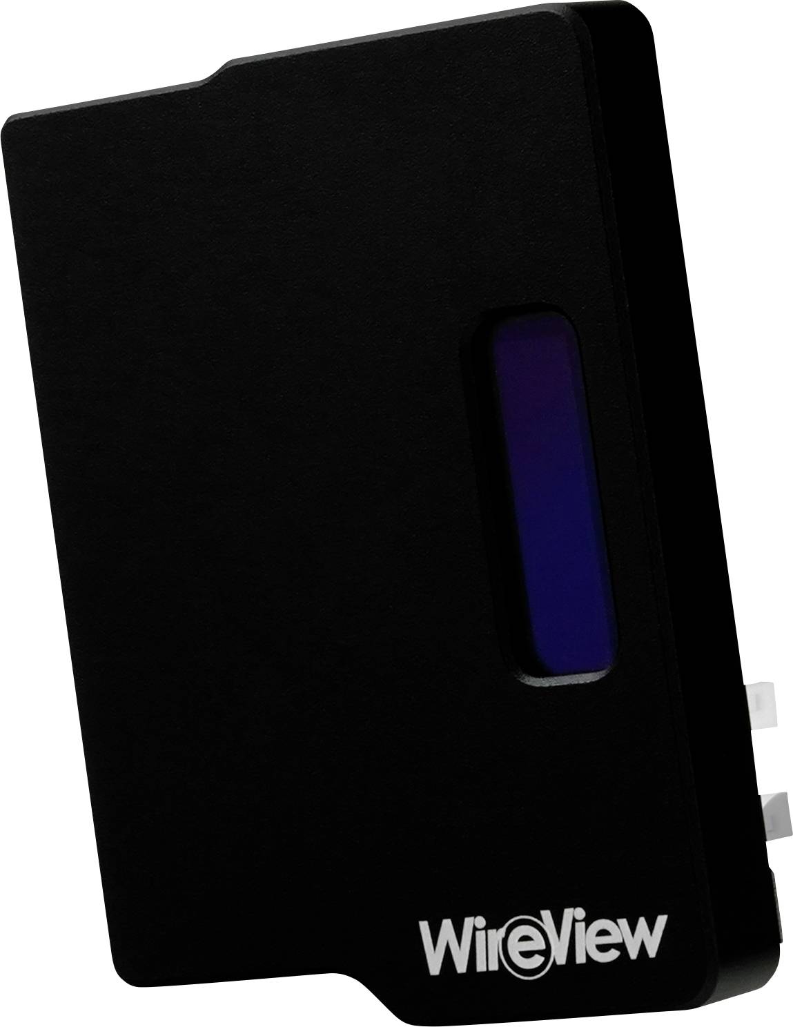 Ein schwarzes Gerät mit einem kleinen Bildschirm und dem Text 'WireView' in Weiß am unteren Rand.