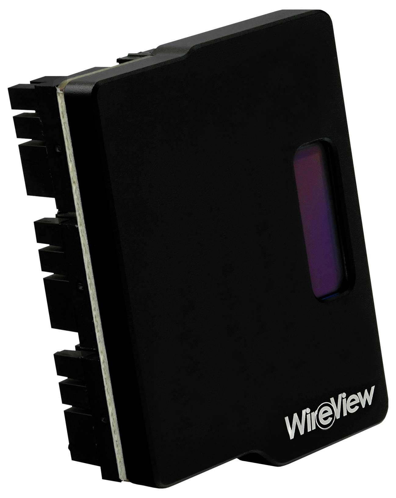 Ein schwarzes elektronisches Gerät mit einem schmalen, vertikalen Display auf einer Seite und mehreren Anschlüssen oder Ports auf der gegenüberliegenden Kante.