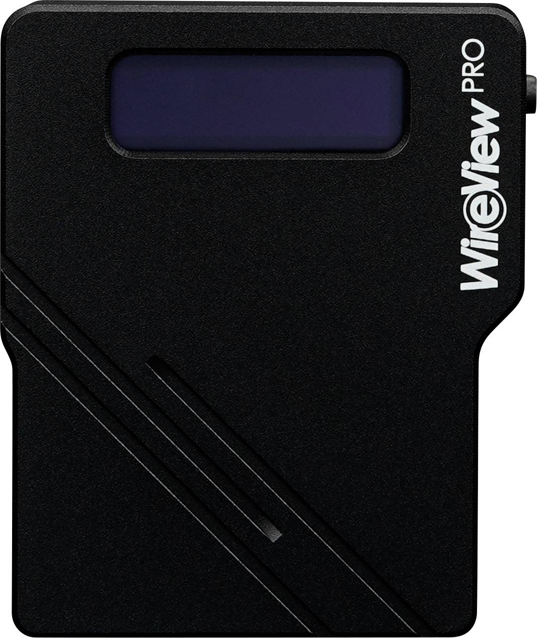 Ein schwarzes WireView Pro-Gerät mit einem kleinen Bildschirm und schrägen Rillen an der Vorderseite, das häufig für Netzwerktests verwendet wird.