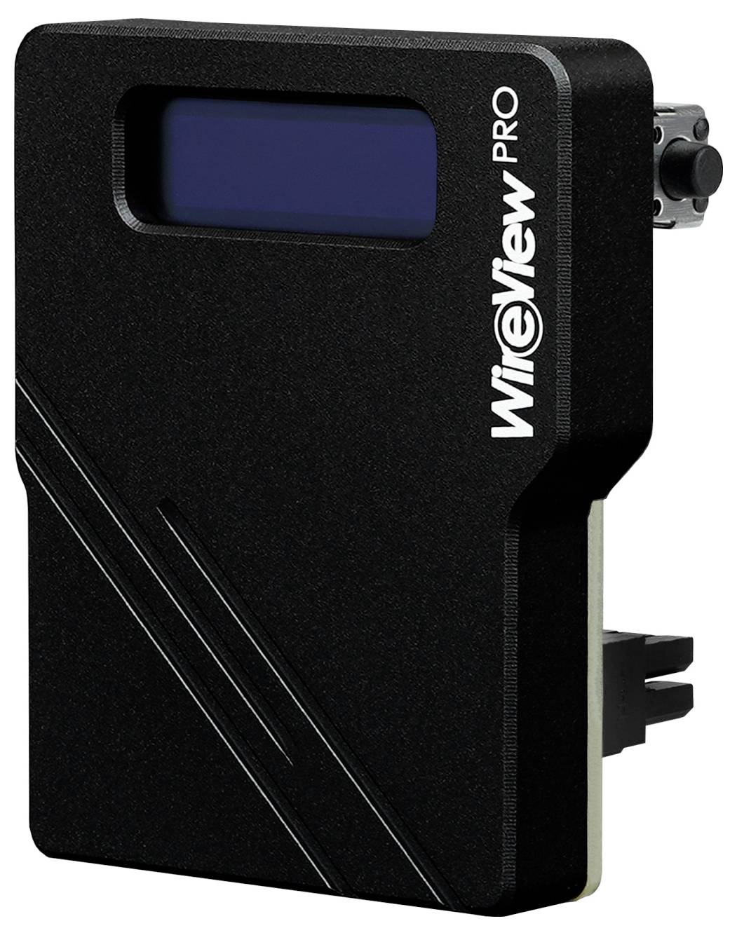 Ein schwarzes WireView PRO Gerät mit einem rechteckigen Bildschirm und minimalistischem Design, das diagonale Rillen und den Produktnamen an der Seite aufweist.