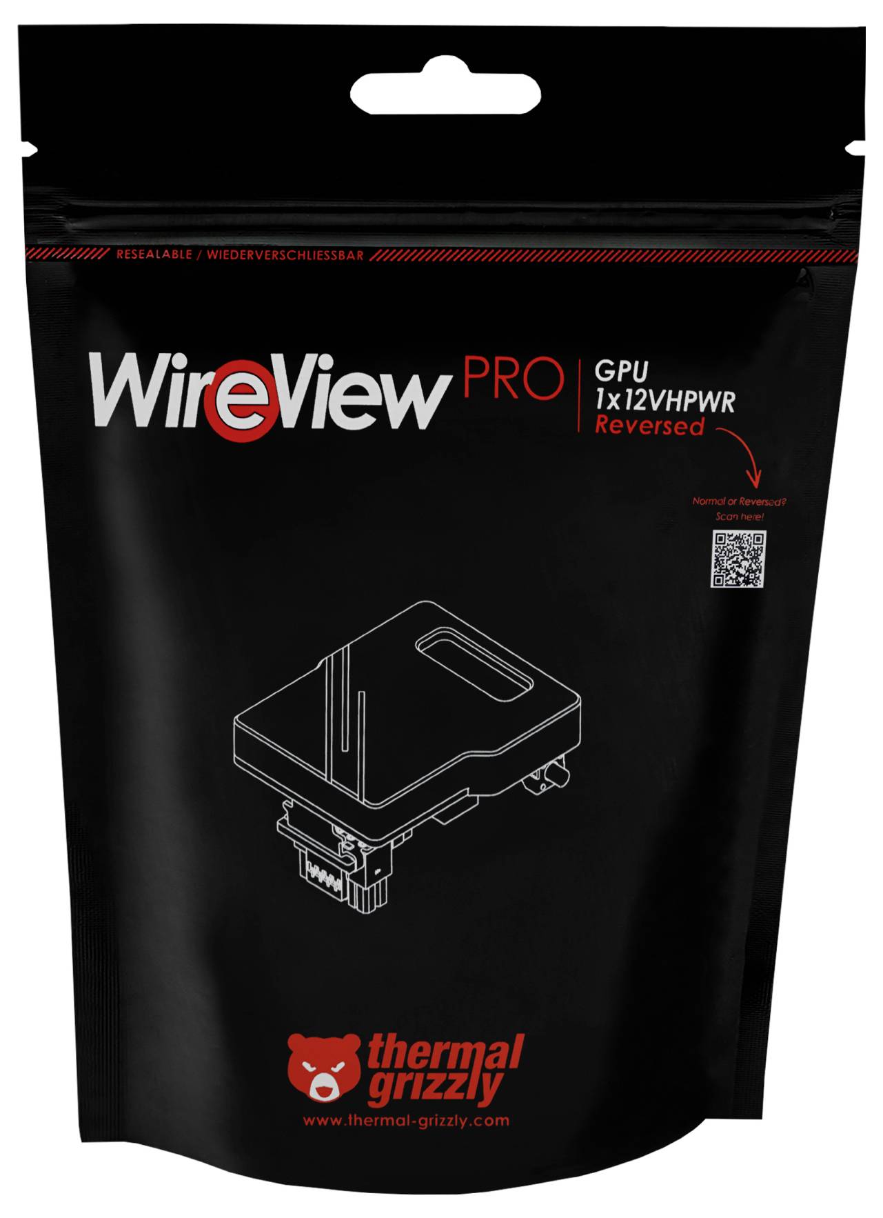 'WireView PRO' GPU-Adapter-Verpackung von Thermal Grizzly mit umgekehrtem 12VHPWR-Anschluss, QR-Code und wiederverschließbarem Design.