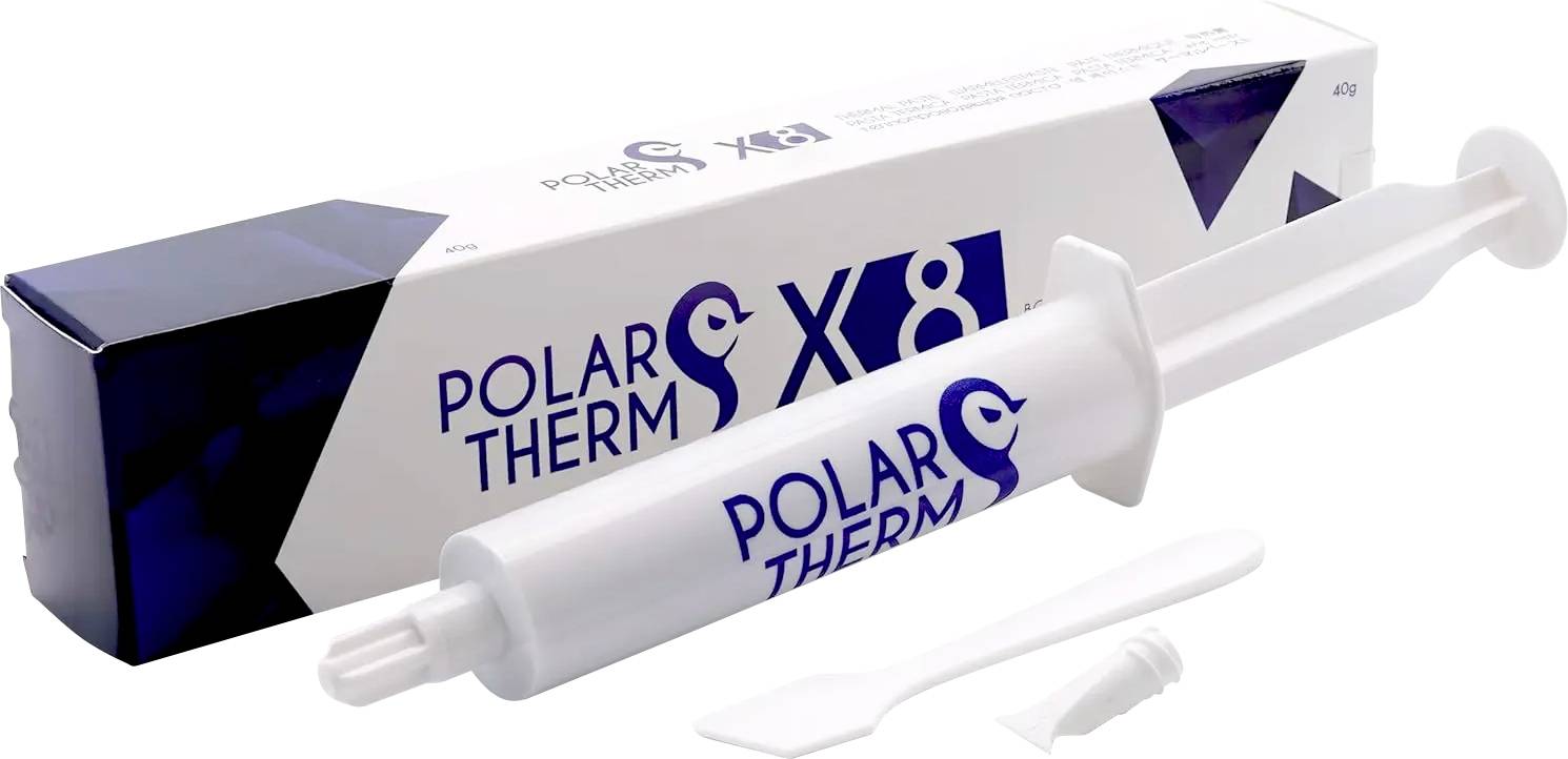 Das Bild zeigt eine Polar Therm SX8 Verpackung und eine Spritze mit einer Spatel. Die Verpackung ist weiß und blau und trägt das Polar Therm Logo.