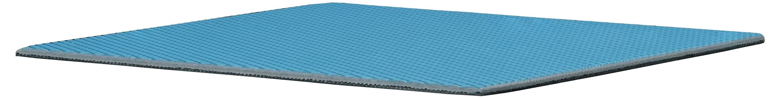 Eine blaue Gymnastikmatte mit strukturierter Oberfläche liegt flach auf einem weißen Hintergrund.