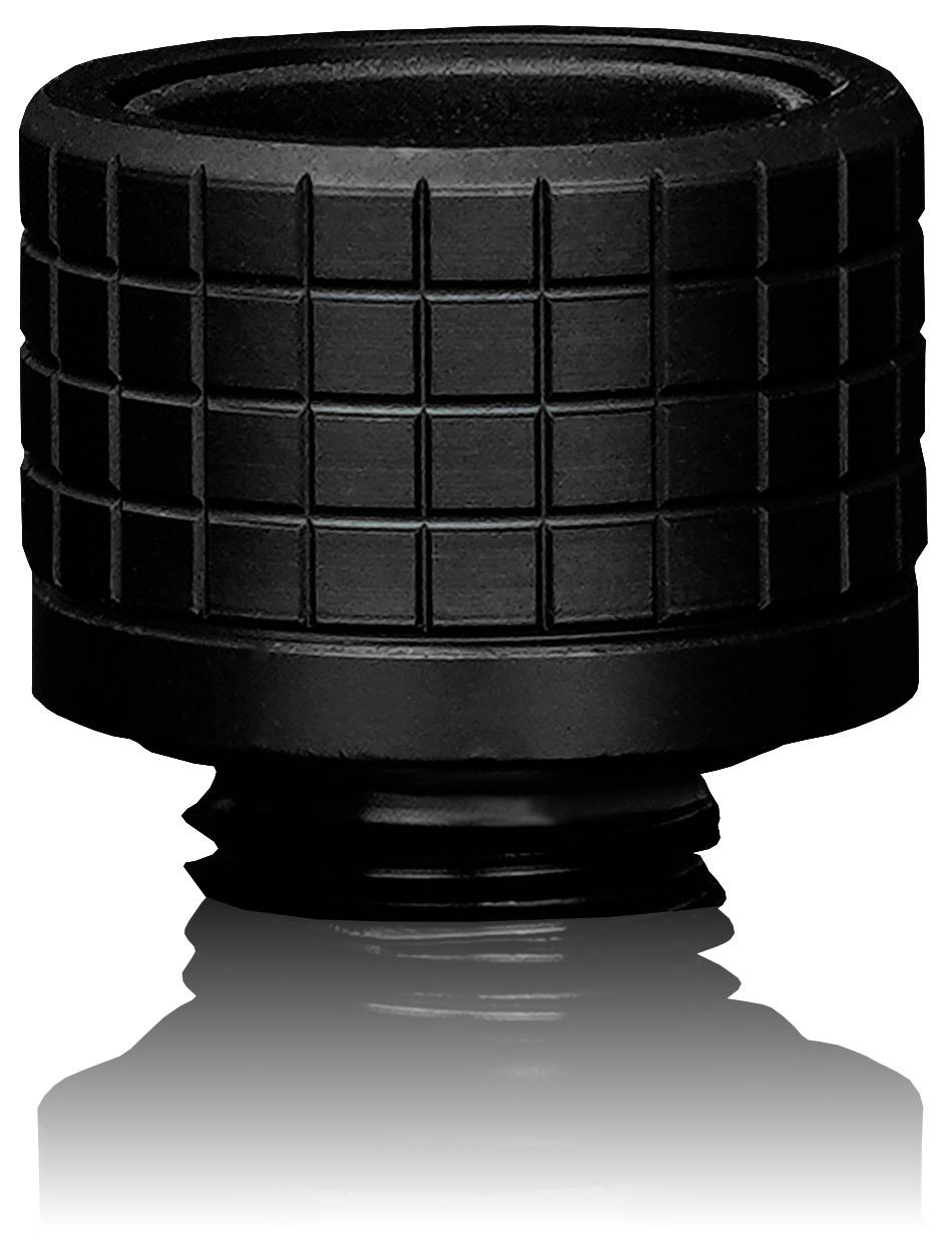 Ein schwarzer Schlauchanschluss mit strukturierter Griffoberfläche für sichere Befestigung