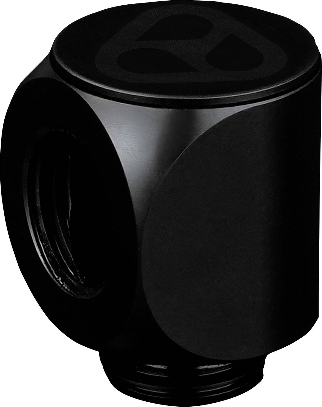 Eine schwarze Metallventilarmatur mit einem zylindrischen Körper und gewindeten Öffnungen an den Seiten zum Anschluss von Rohren oder Schläuchen.