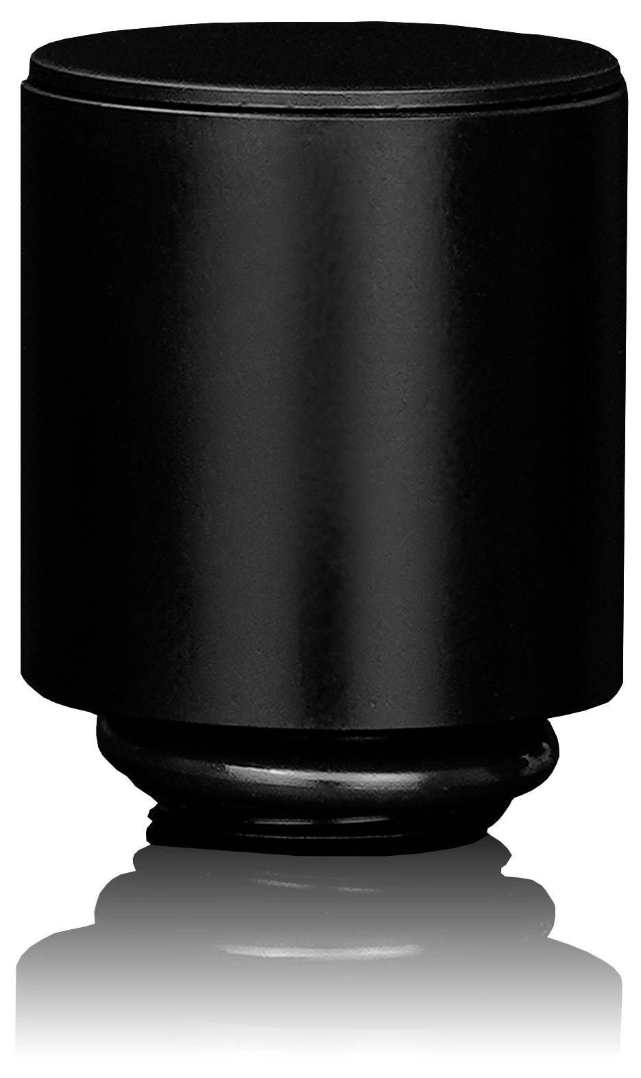 Ein matter schwarzer zylindrischer Gegenstand mit abgerundeter Basis, möglicherweise ein Lautsprecher oder elektronisches Gerät, vor einem weißen Hintergrund.