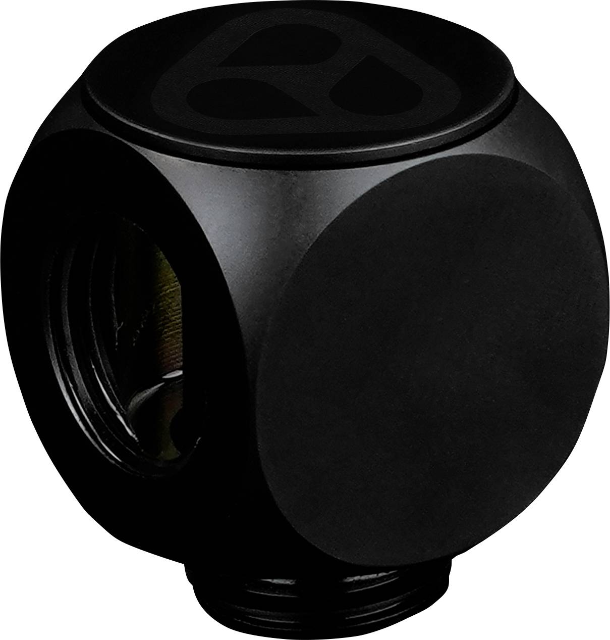 Ein matter schwarzer kugelförmiger Gegenstand mit einer zentralen Öffnung und einem geometrischen Muster an der Oberseite, höchstwahrscheinlich eine Komponente oder Verbindung für mechanische Systeme.
