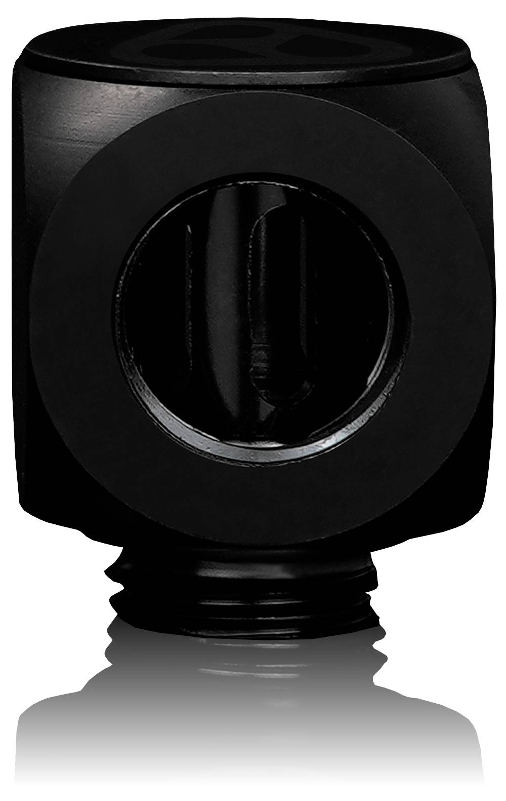 Ein schwarzer, zylinderförmiger Metallgegenstand mit einem runden, transparenten Fenster und verschraubten Enden, möglicherweise Teil einer mechanischen Baugruppe.