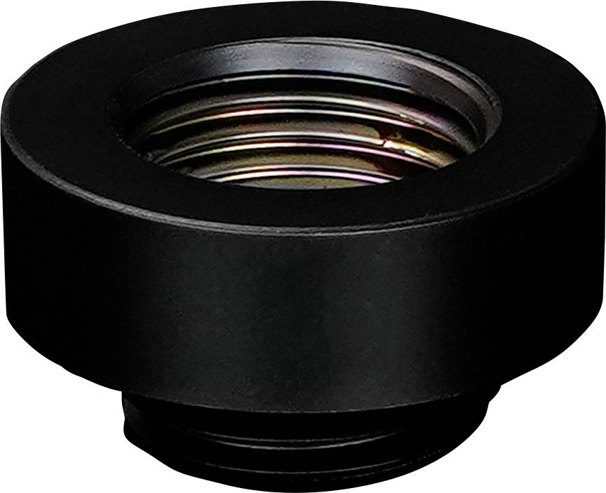 Ein schwarzer Kameraobjektivadapter mit einer kreisförmigen Konstruktion und gewindeter Innenoberfläche, der zum Anbringen von Objektiven oder Zubehör an Kameras konzipiert ist.