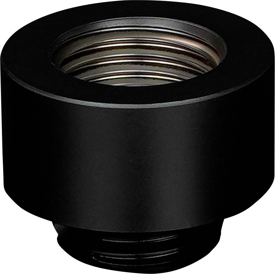 Ein schwarzer, gewindeförmiger zylindrischer Adapter mit metallischen Rillen im Inneren, der zum Verbinden von Komponenten in Kameras oder optischen Geräten verwendet wird.