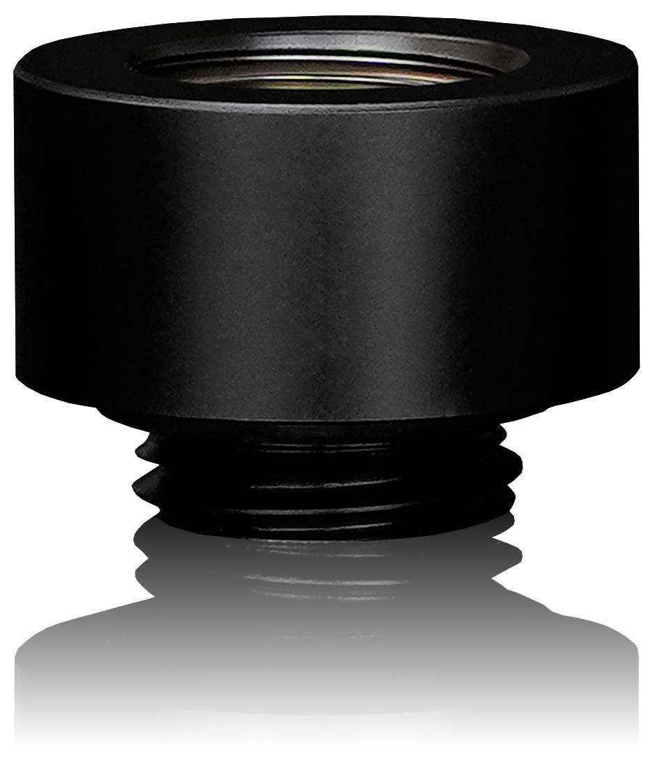 Ein zylindrischer schwarzer Kameraobjektiv-Adapter mit reflektierender Oberfläche, ausgestattet mit einem Gewindelanschaft zur Verbindung mit einem Kameragehäuse oder Zubehör.