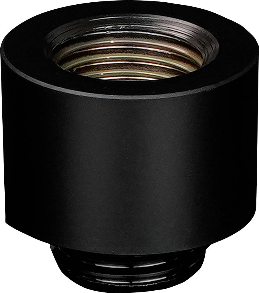 Ein schwarzes, zylindrisches mechanisches Teil mit gewindeten Innen- und Außenbereichen, höchstwahrscheinlich ein Verbinder oder Adapter.