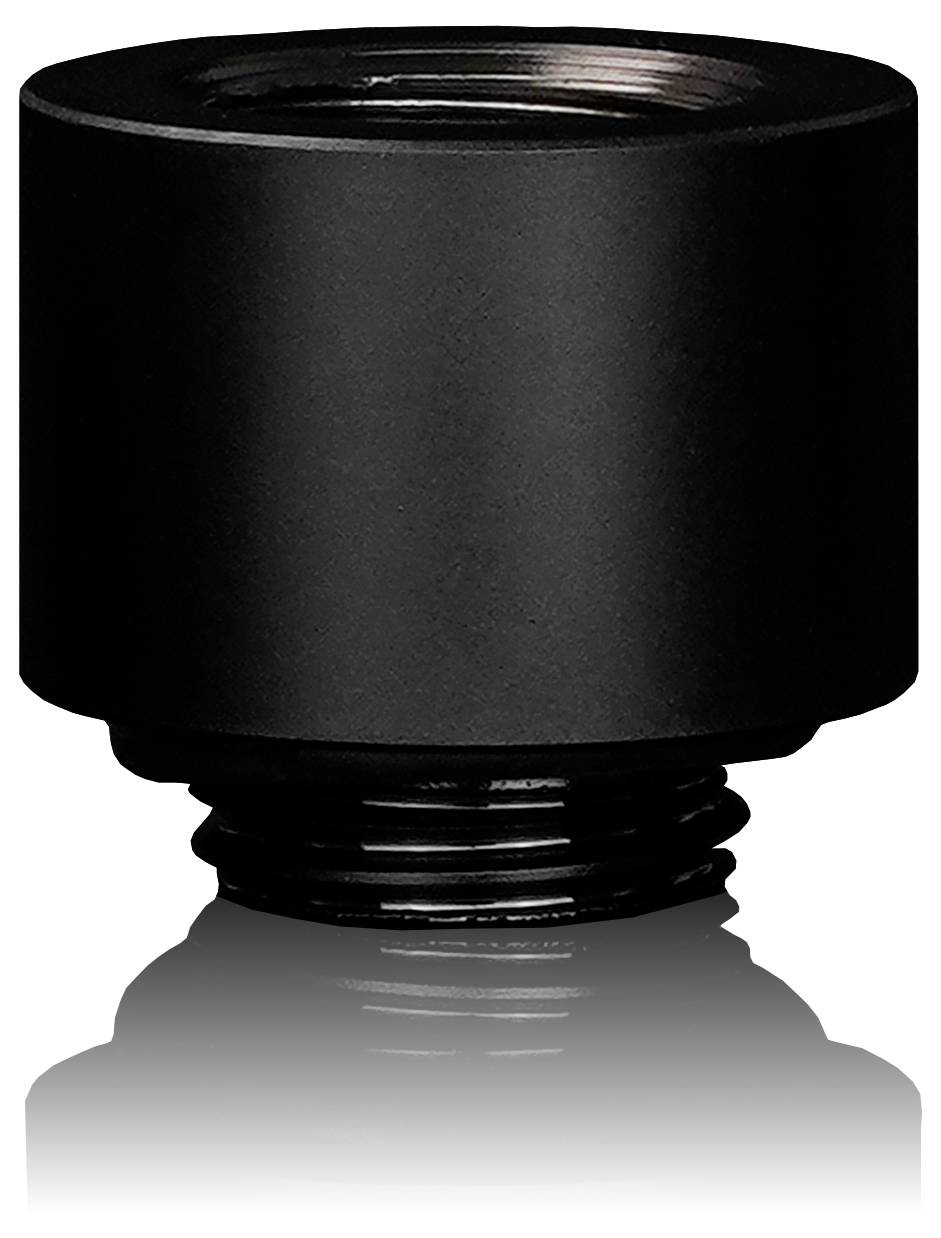 Ein schwarzer, zylindrischer Anschluss mit einer Gewindeunterlage, der vor einem weißen Hintergrund dargestellt ist.