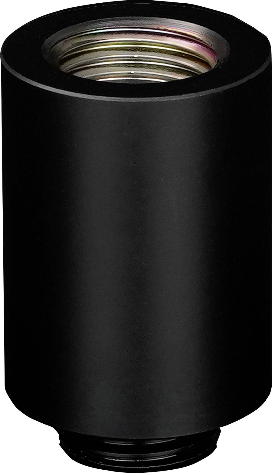 Ein schwarzes metallisches Zylinderobjekt, möglicherweise ein Adapter oder Verbinder, mit einem gewindeten Innenraum.
