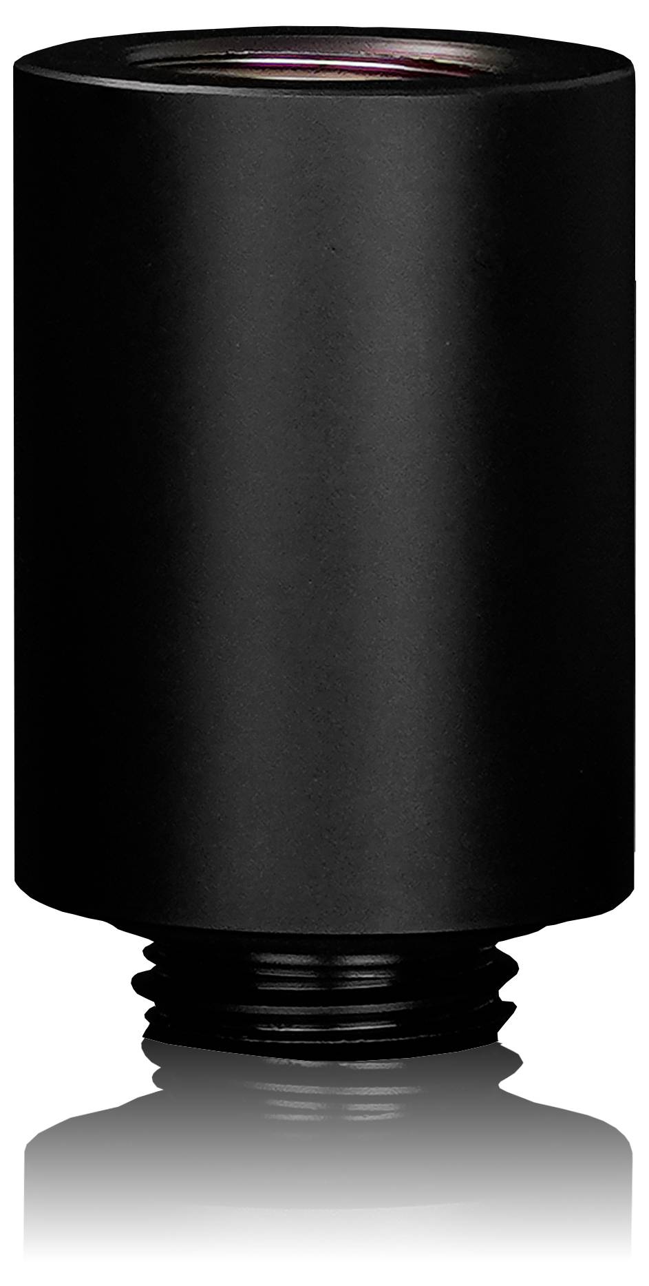 Eine schwarze zylindrische Kameraobjektiv mit einer Gewindebasis, senkrecht vor einem weißen Hintergrund positioniert, mit einem weichen Schatten darunter.