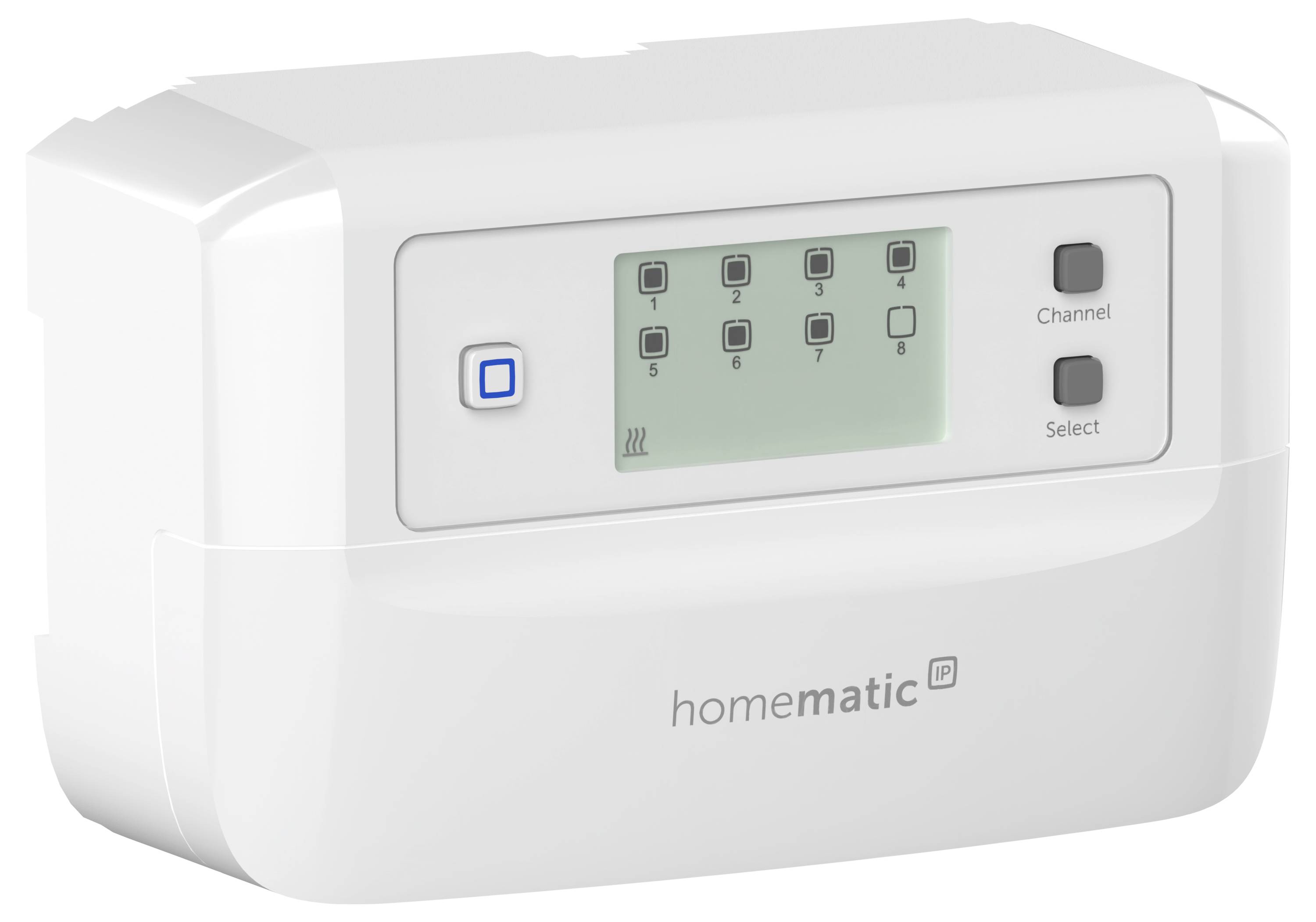 Ein weißes Smart-Home-Gerät mit einem kleinen Bildschirm, Tasten mit den Beschriftungen 1-8 und dem Text 'homematic IP'. Ausgestattet mit Tasten für 'Kanal' und 'Auswahl'.