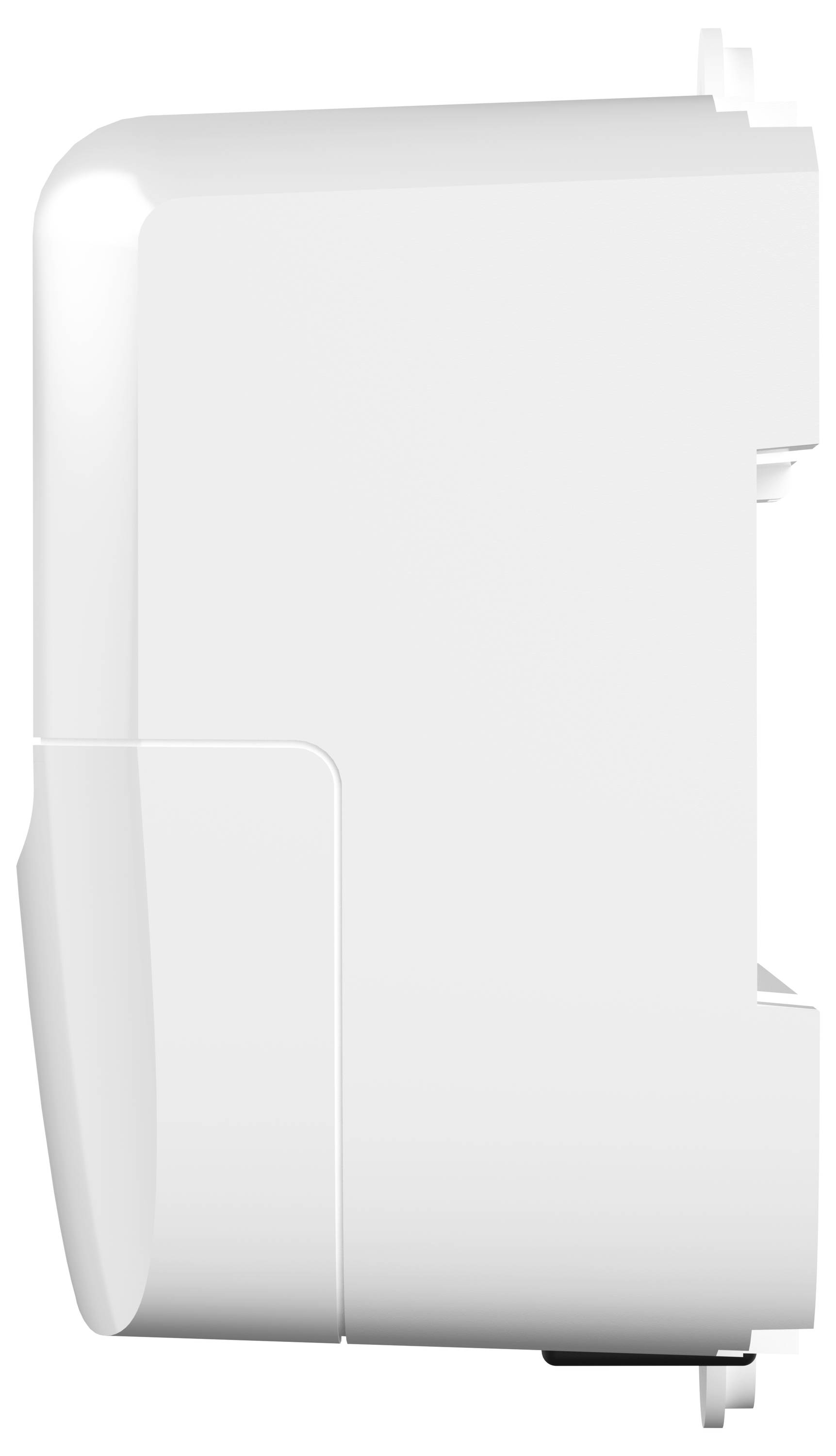 Ein weißes, wandmontiertes Gerät, von der Seite gezeigt, typischerweise zur Unterbringung elektronischer Komponenten verwendet, mit minimalem und elegantem Design.