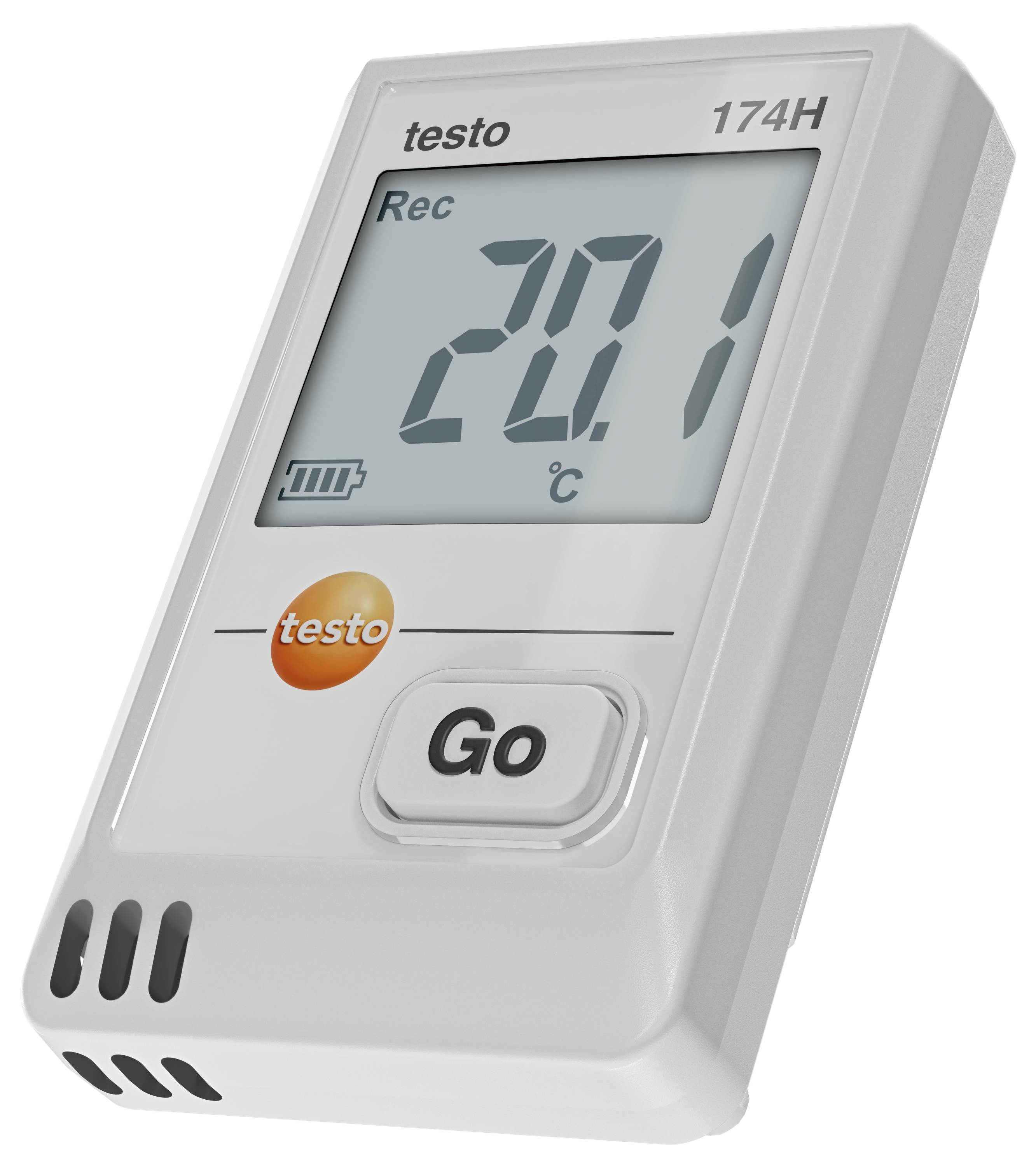 Ein rechteckiger digitaler Thermometer, der '20,1°C' anzeigt, mit einem orangefarbenen 'testo' Logo und einem Knopf mit der Beschriftung 'Go'.