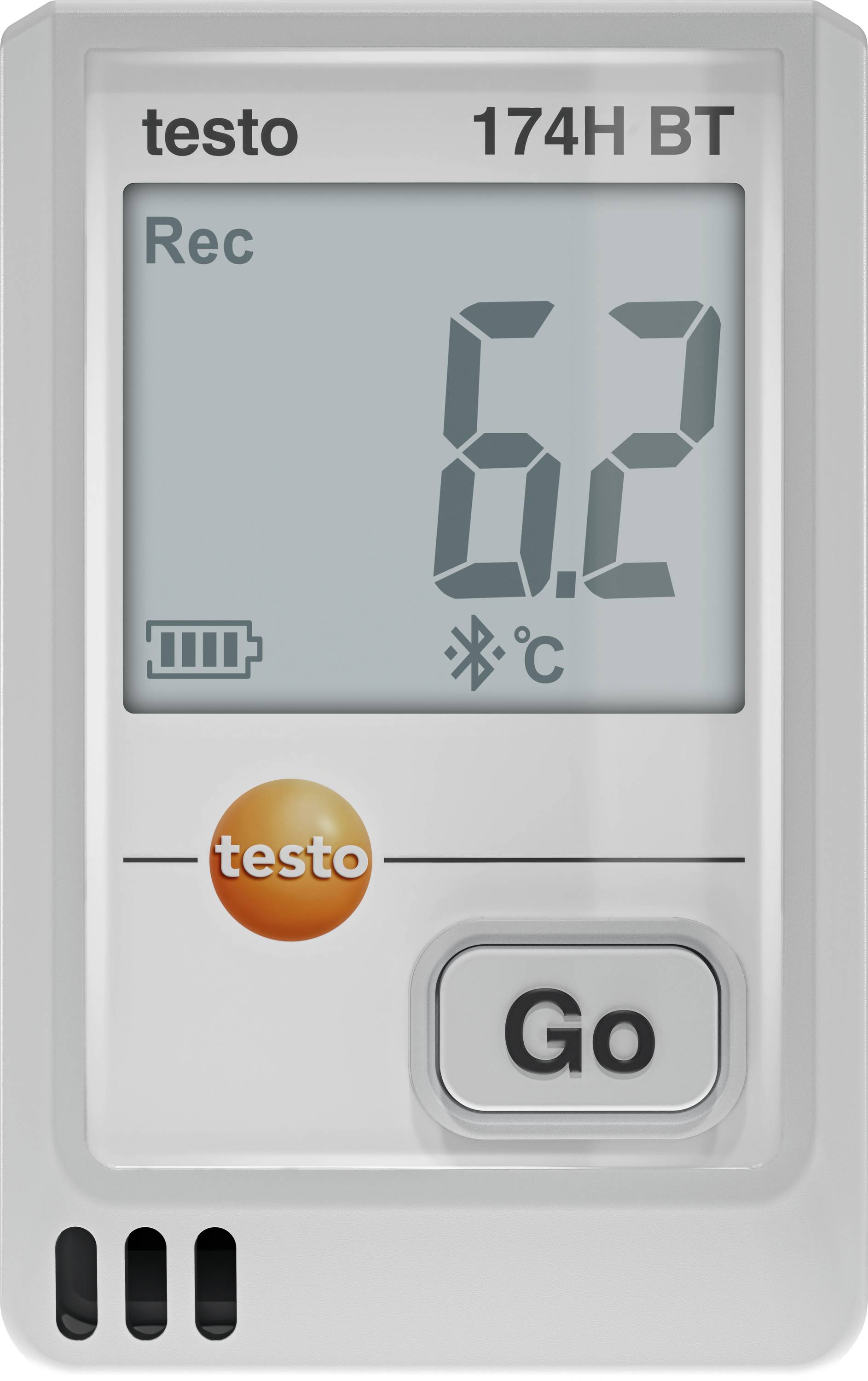 Digitaler Temperaturrecorder mit der Anzeige '6,2 °C', mit 'Rec' und Batteriestandssymbol; testo-Markenlogo und 'Go'-Taste sichtbar.