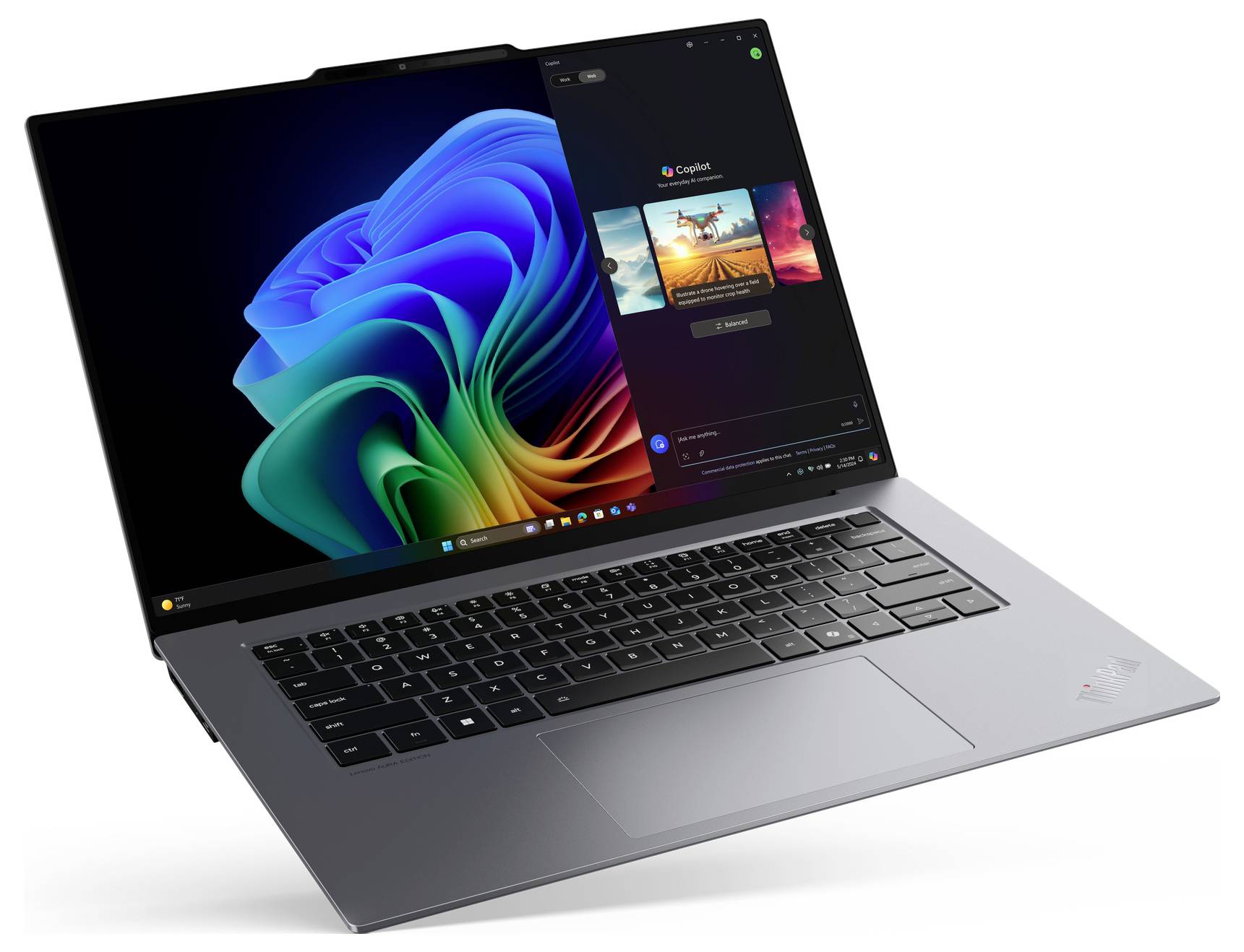 Ein schlankes, modernes Laptop mit einer lebendigen abstrakten Tapete und einer Seitenleiste, die mehrere geöffnete App-Fenster zeigt.