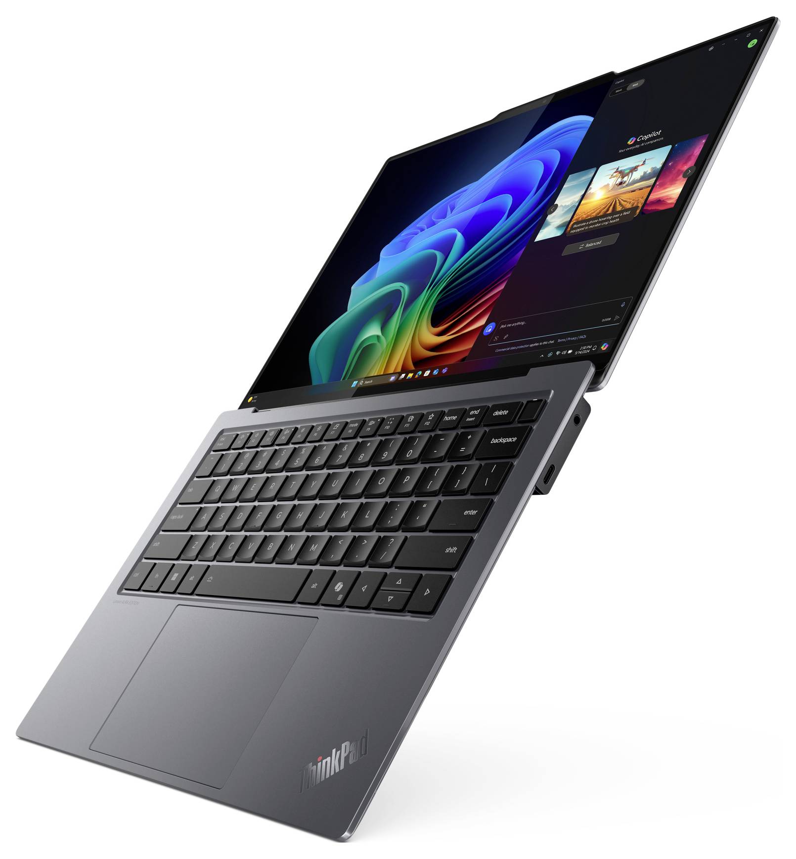 Ein schlanker, moderner Laptop mit einem großen Touchdisplay, in einer teilweise zusammengeklappten Position, der seine Flexibilität und dünne Bauweise betont.