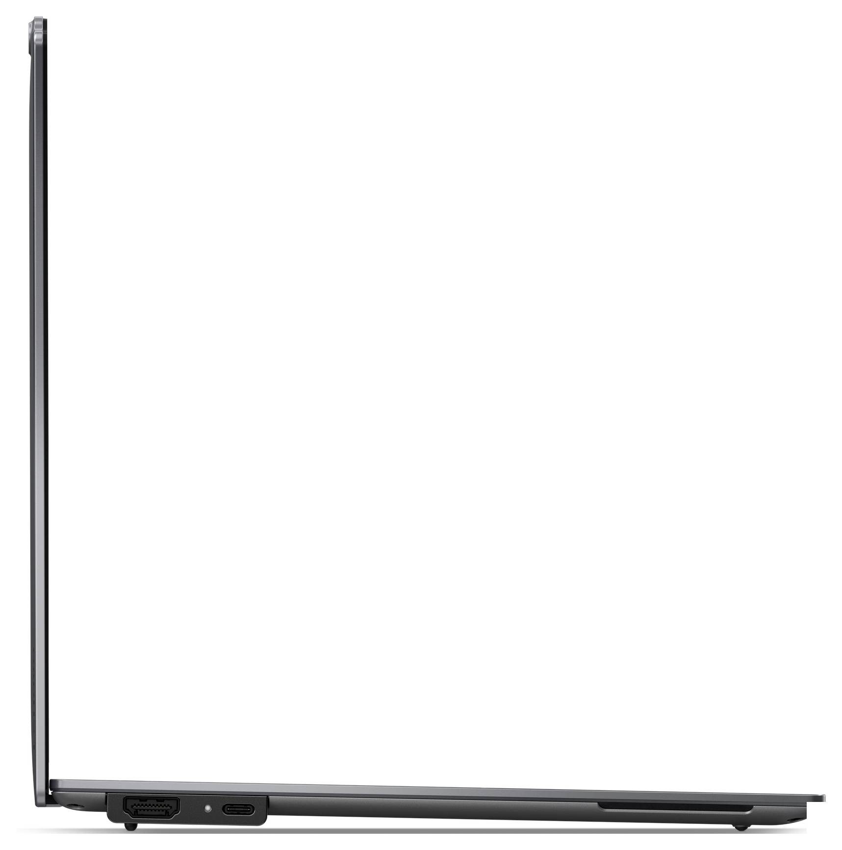 Seitenansicht eines ultra-dünnen, geöffneten Laptops mit schwarzer Oberfläche, der sein schlankes und minimalistisches Design hervorhebt.