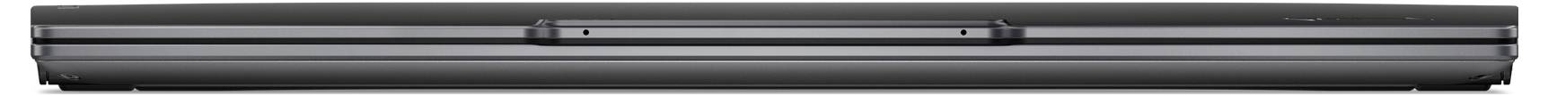 Ein geschlossener, schlanker, schwarzer Laptop aus der Seitenansicht mit elegantem Design, der eine minimale Dicke aufweist.