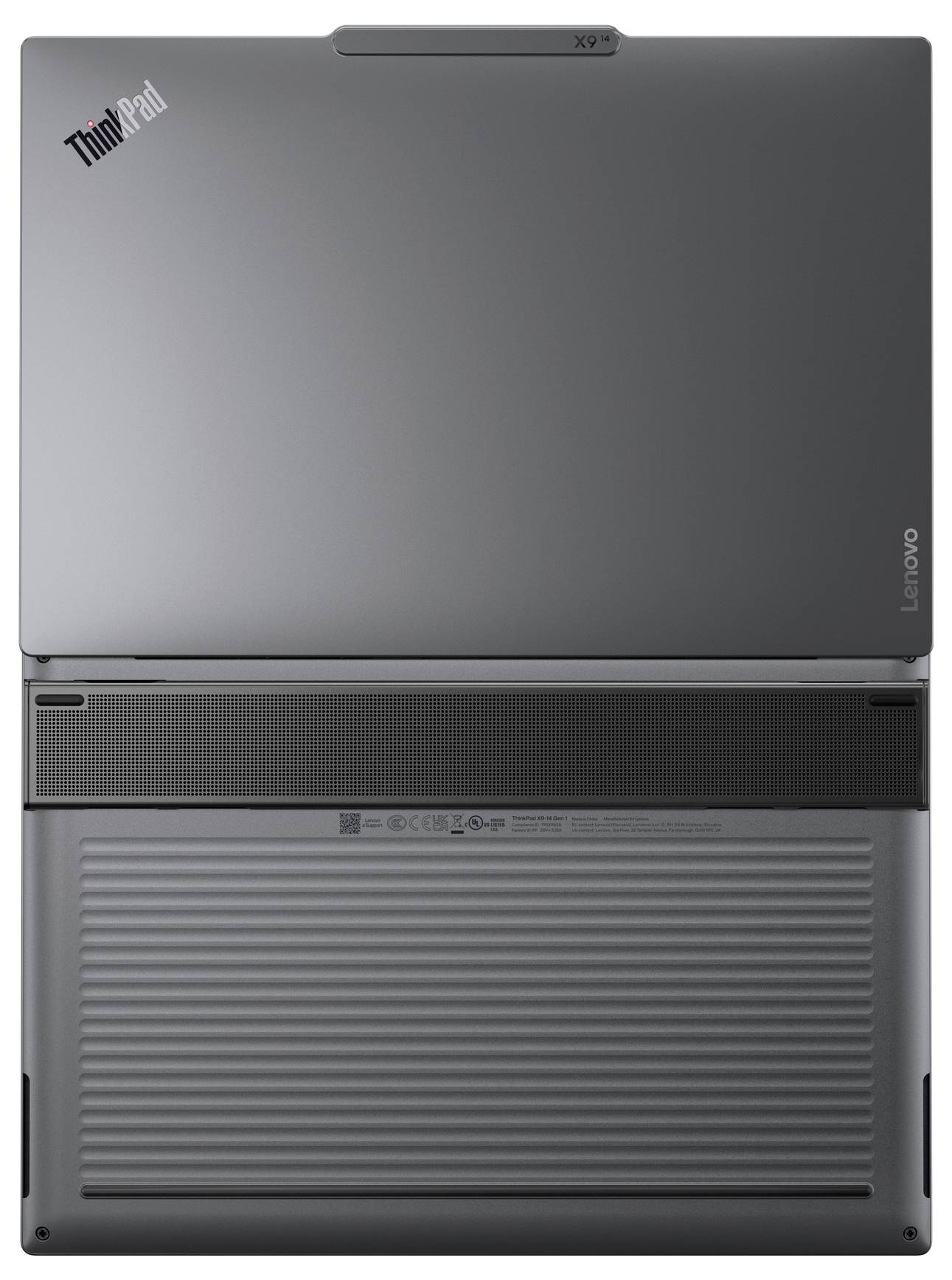 Das Bild zeigt die Rückseite eines geschlossenen Lenovo ThinkPad Laptops mit sichtbaren Logos und Lüftungsschlitzen.