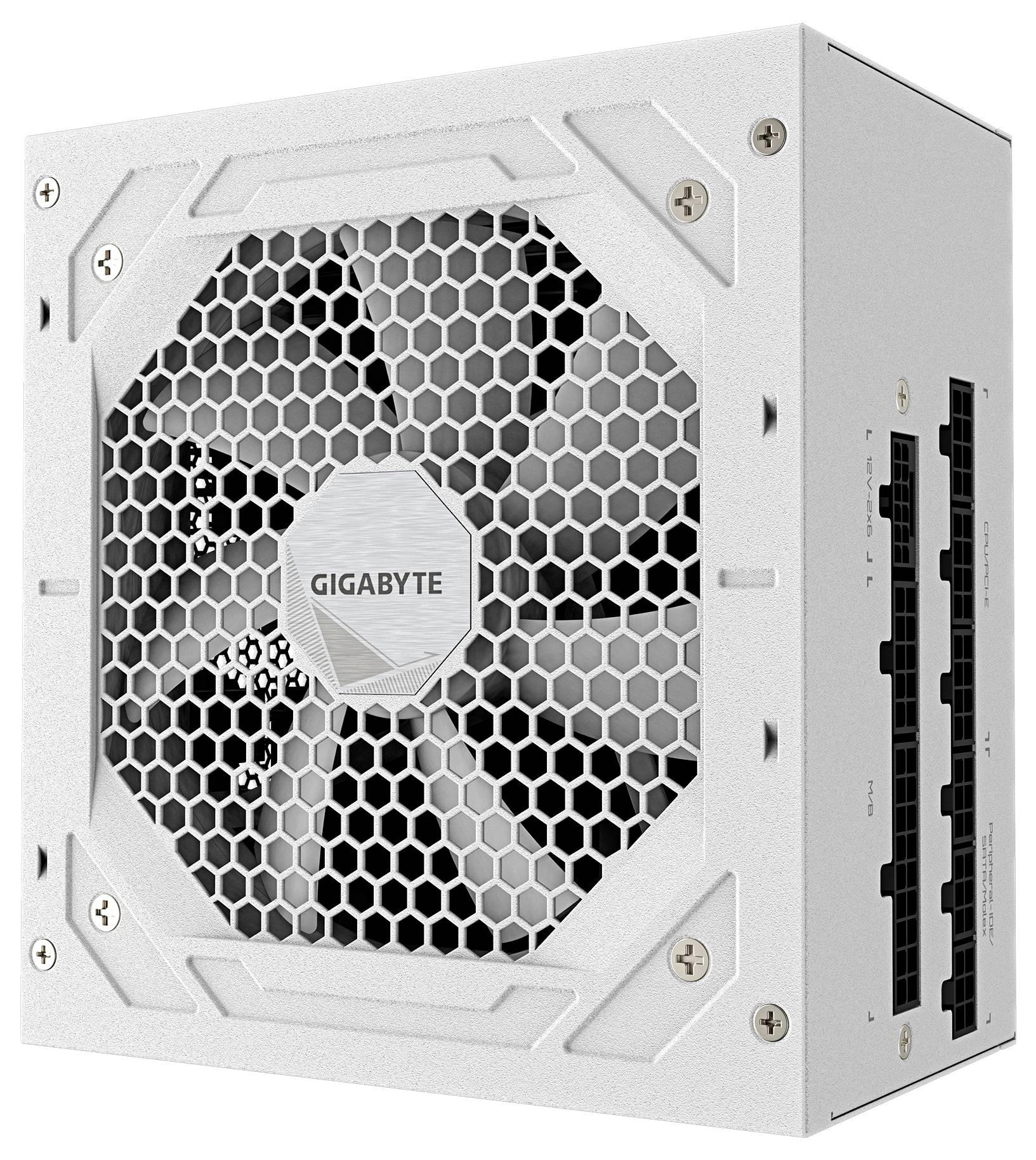 Eine weiße GIGABYTE Netzteileinheit mit Wabengitterdesign und sichtbarem Lüfter, die mehrere Anschlüsse an der Seite zeigt.