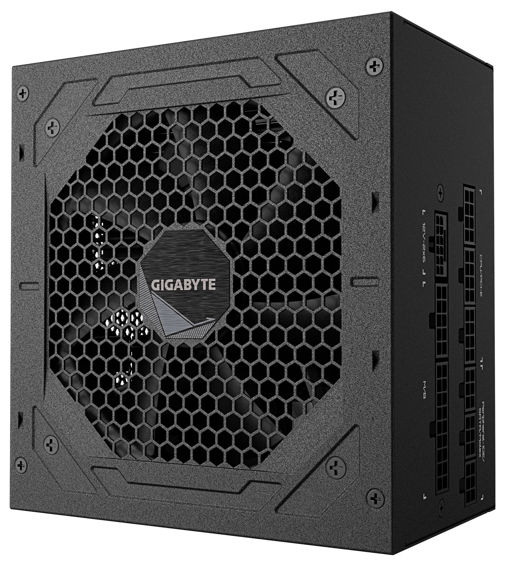 Ein schwarzes Gigabyte-Netzteil mit einem großen Lüfter, sechseckigem Gitter und mehreren Stromsteckern an der Seite.