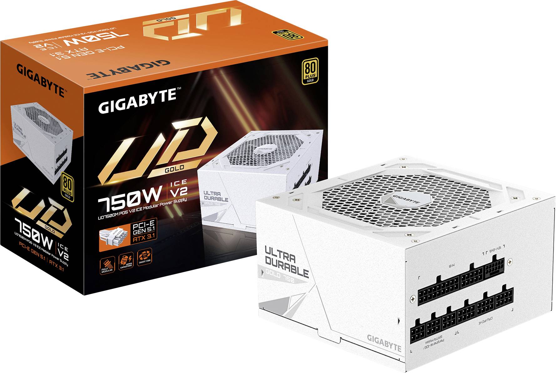 Eine weiße Gigabyte 750W Netzteileinheit mit modularen Anschlüssen, neben ihrer Verpackung mit Aufschrift UD Gold 80 Plus Zertifizierung.