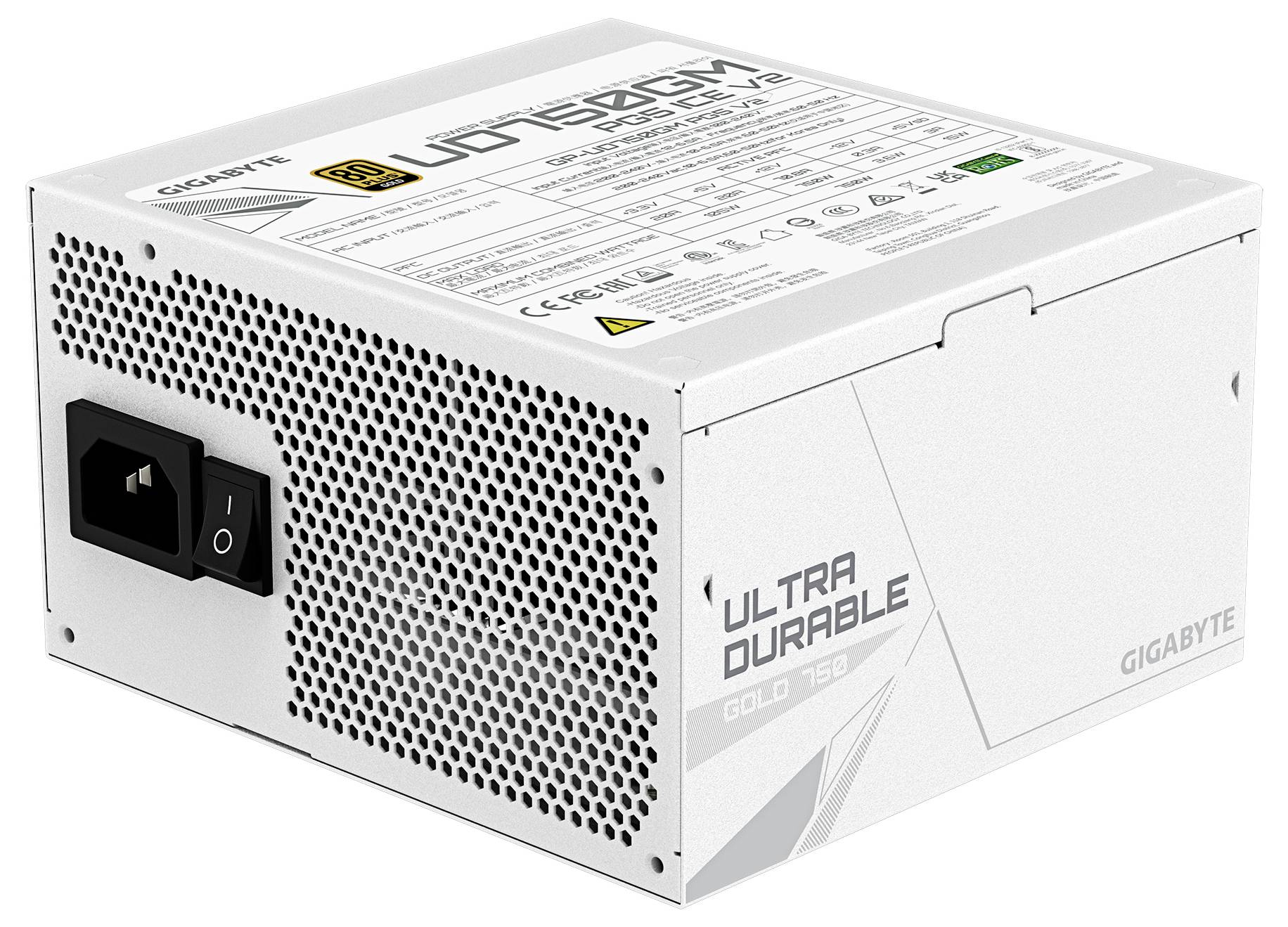 Weißes Netzteil mit der Aufschrift 'Ultra Durable' mit seitlichem Etikett, das die Spezifikationen detailliert, und Einschaltknopf, der auf der Rückseite sichtbar ist.