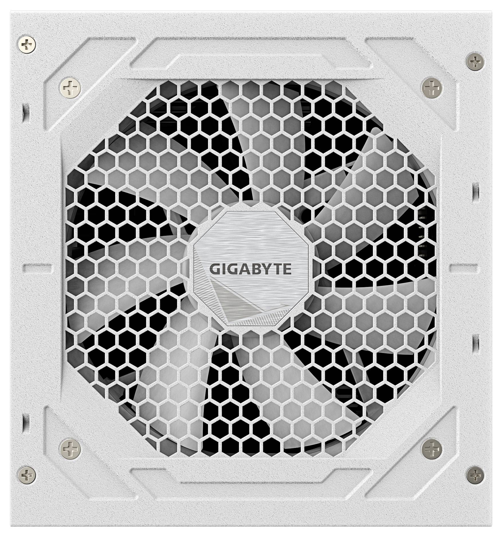 Ein weißes Computer-Netzteil mit einem großen Kühlventilator, der von einem sechseckigen Gitter verdeckt wird. Der Markenname 'GIGABYTE' ist auf dem Lüfternabe sichtbar.