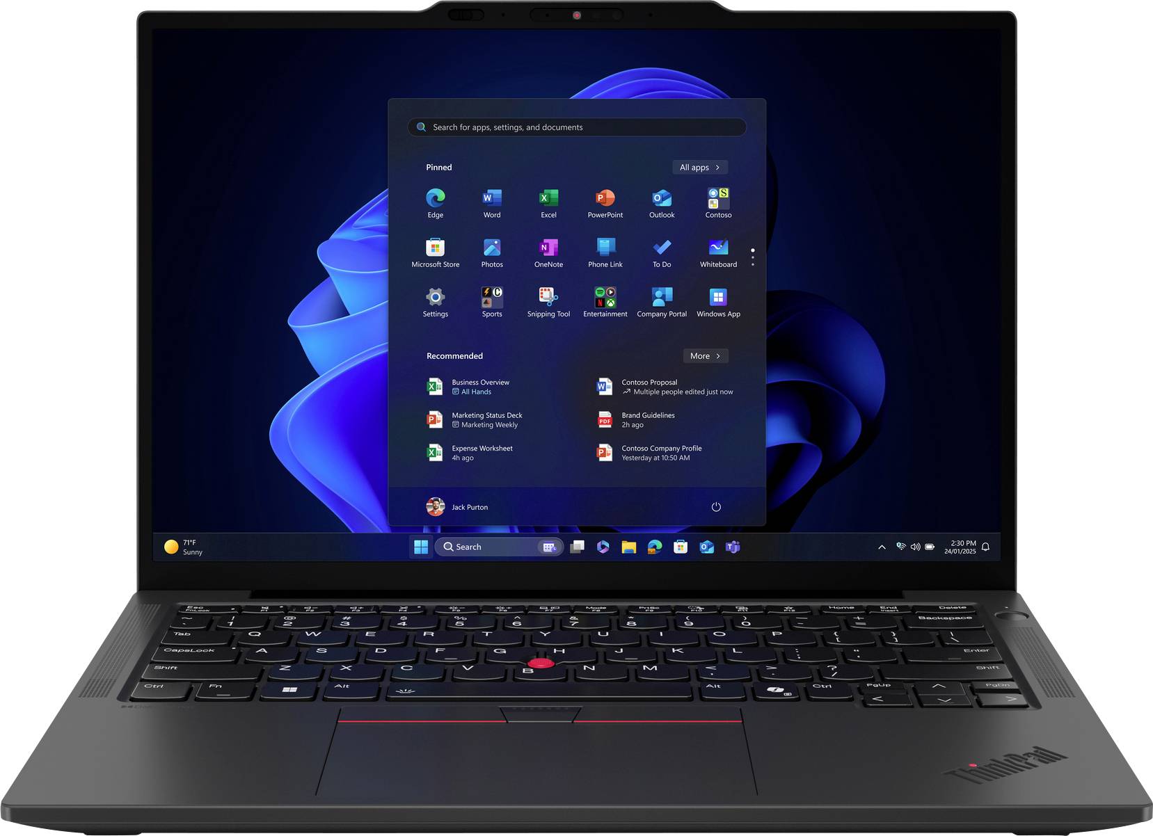 Ein Laptop, der den Windows-Betriebssystem-Startbildschirm mit verschiedenen Anwendungssymbolen, einer Suchleiste und einem blauen abstrakten Hintergrund zeigt.
