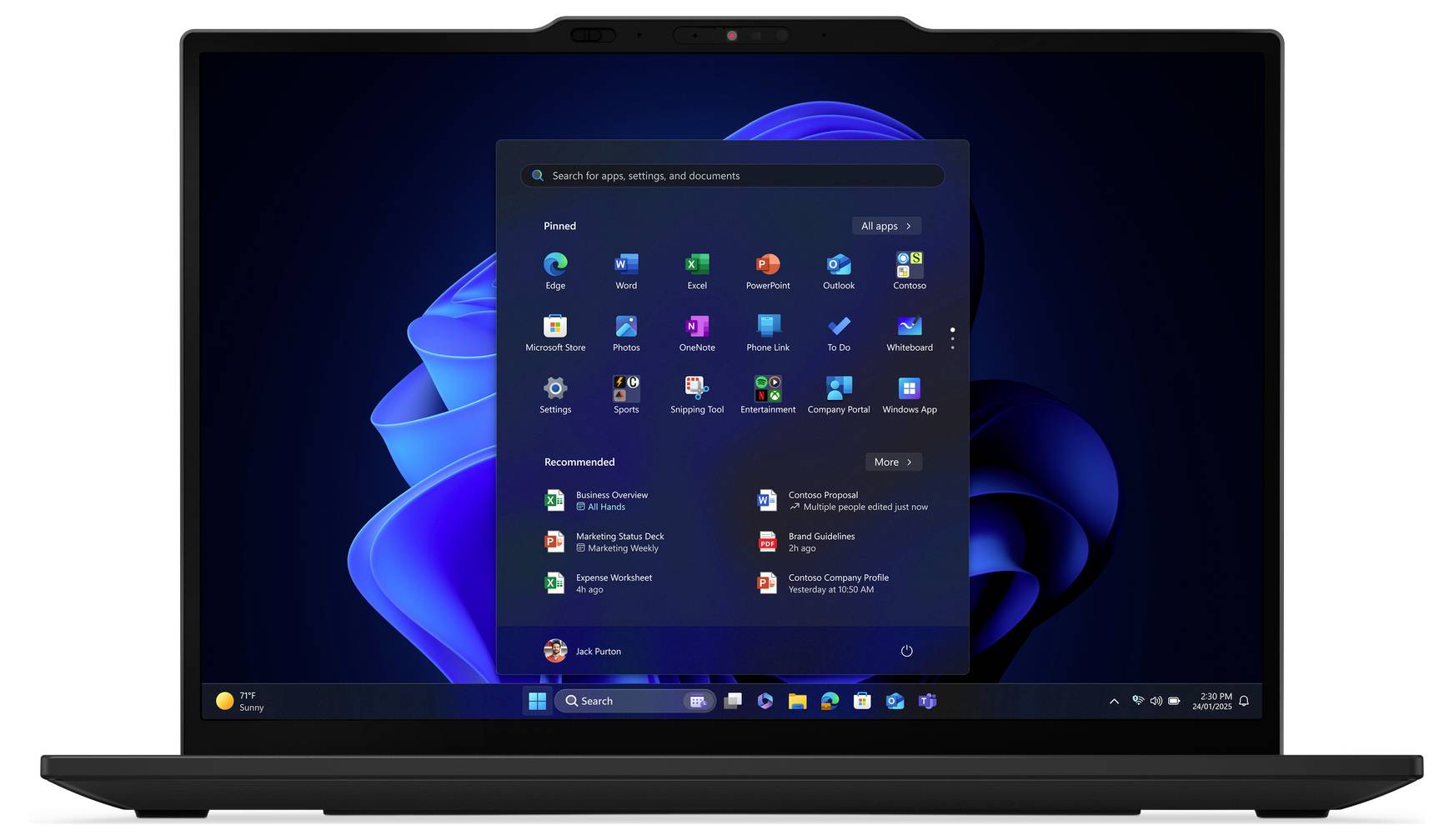 Ein Laptop, der den Windows 11 Startbildschirm zeigt, mit dem Startmenü, in dem angeheftete Apps wie Excel, PowerPoint und empfohlene Dateien zu sehen sind.