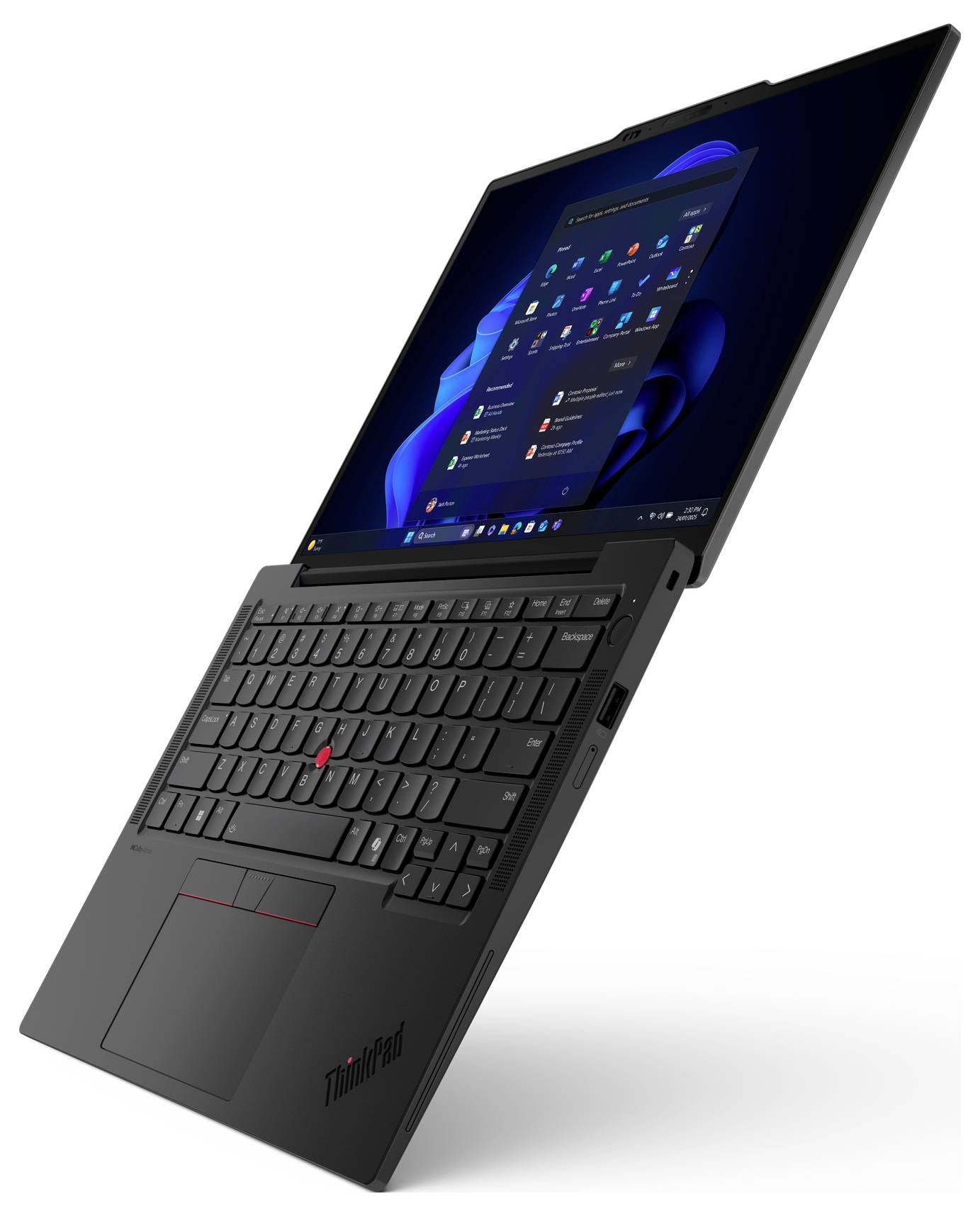 Ein Laptop mit seinem Bildschirm, der eine Windows-Betriebssystemoberfläche zeigt, in einem leicht geneigten Winkel, mit einer Tastatur und einem Touchpad.