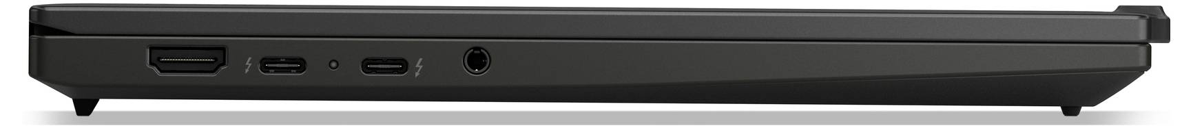 Ein geschlossener, schwarzer Laptop, von der Seite betrachtet, mit HDMI-, USB- und Kopfhörerbuchsen.