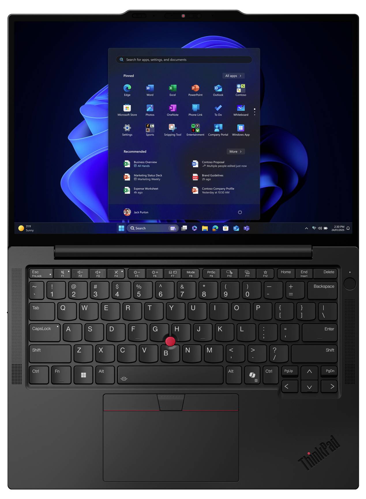Ein Laptop, der das Windows 11 Startmenü auf seinem Bildschirm zeigt und verschiedene App-Symbole präsentiert. Das Gerät verfügt über eine schwarze Tastatur und ein Touchpad.