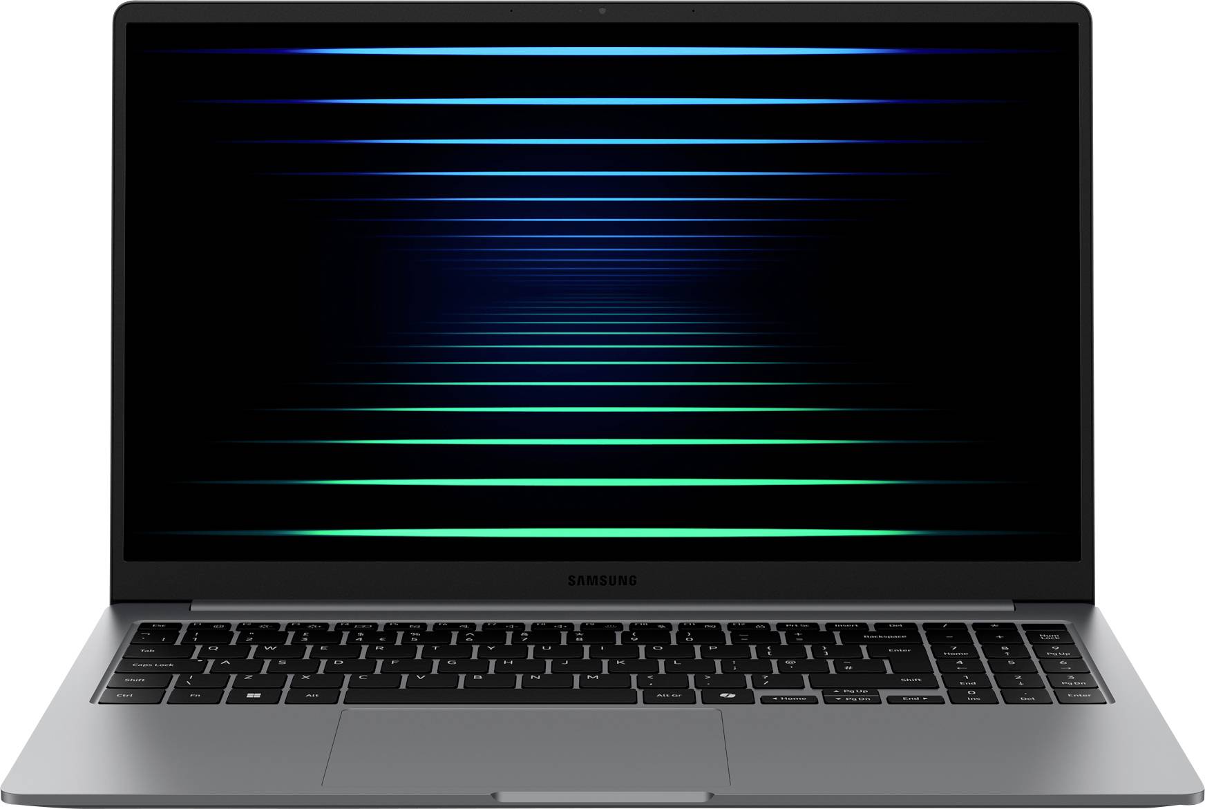 Ein Laptop mit elegantem Design, der einen dunklen Bildschirm mit horizontalen blauen und grünen Lichtstreifen zeigt und einen futuristischen Effekt erzeugt.