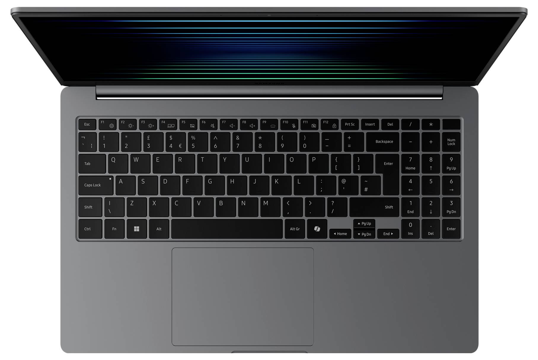 Eine Draufsicht eines geöffneten Laptops mit einer schwarzen Tastatur und einem Bildschirm, der horizontale farbige Linien zeigt, vor einem weißen Hintergrund.